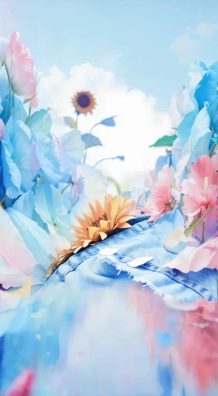 giant sunflower,Denim petals,denim leaves,denim lawn,Hyper-realistic