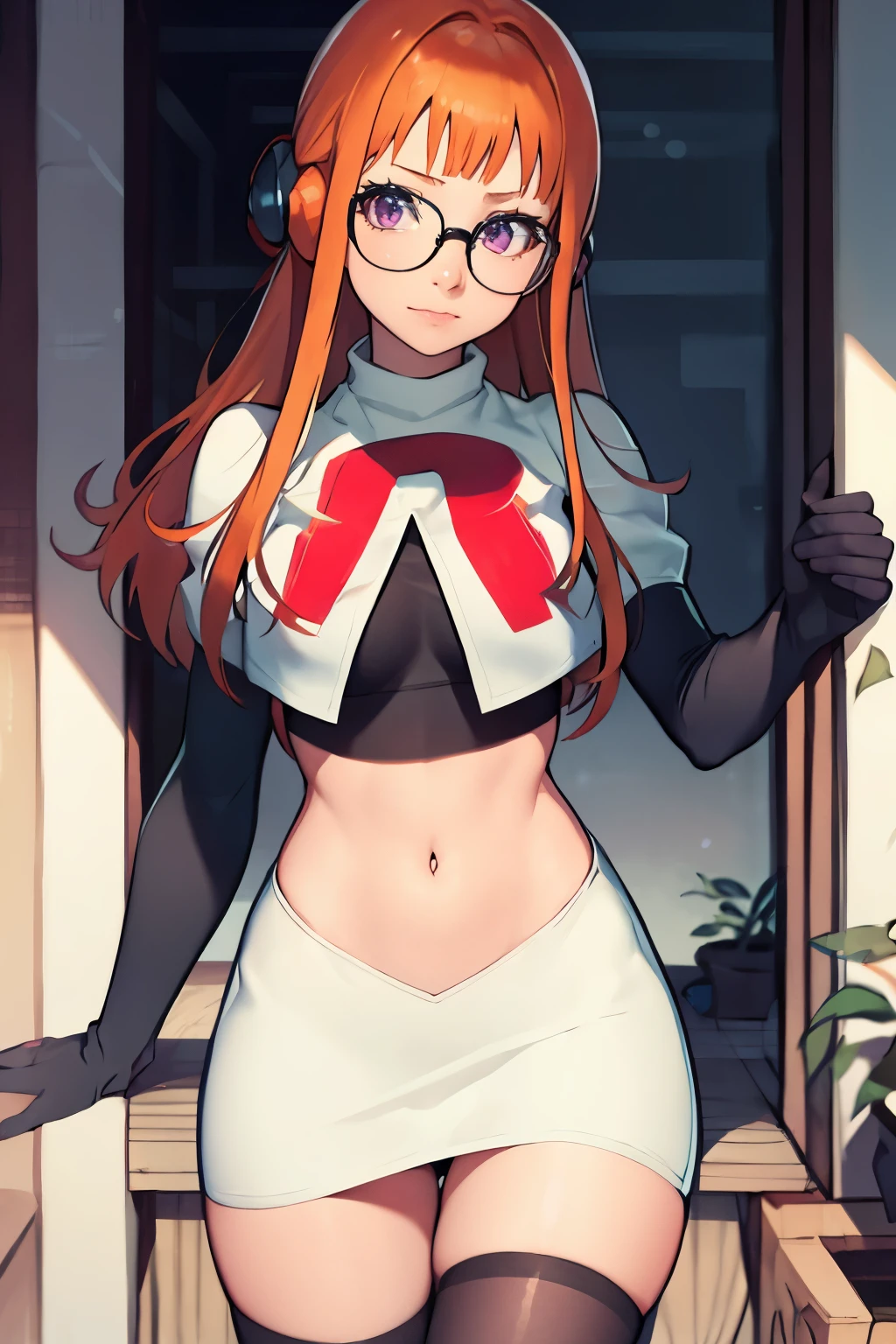 Beautiful young ager, 1girl, red hair, blue eyes, extremely short hair, freckles on face, happy, smiling, blushing, thick frame eyeglasses, thick lips, full lips, huge breasts, extreme cleavage, deep cleavage, very thin body, strapless corset, sleeveless, bare arms, midriff, choker, tiny pleated miniskirt, thigh high legwear, view from below, perfect anatomy, fancy apartment background, detailed background, ultra-detailed, 4k, 8k, best quality, masterpiece