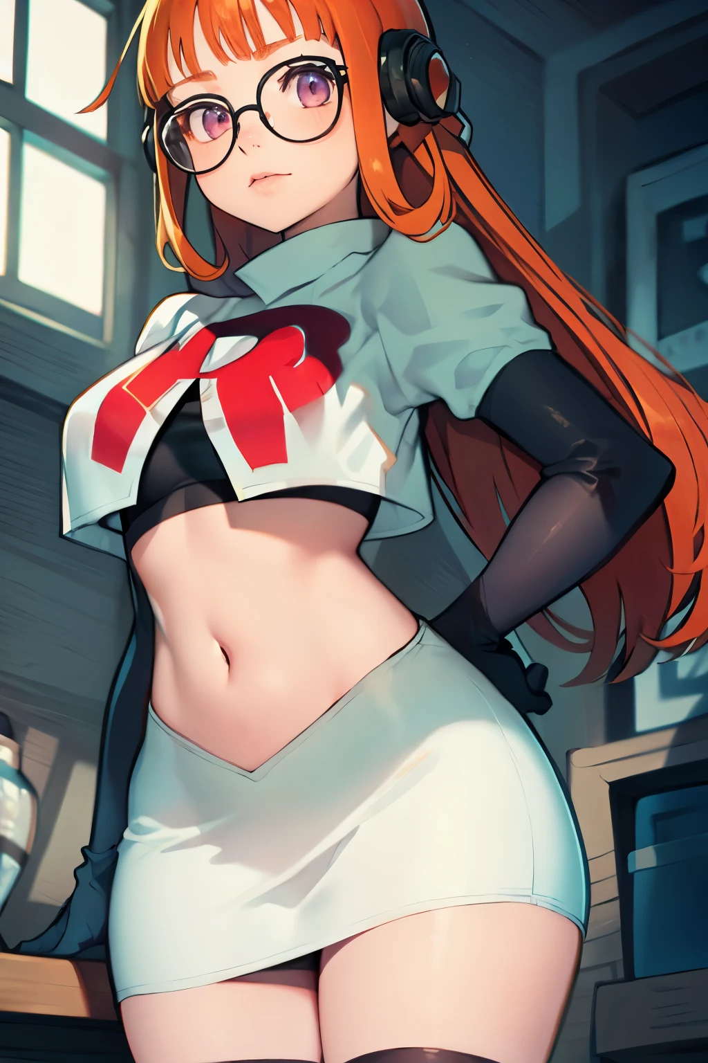 futaba sakura, orange hair, long hair, purple eyes, glasses, ahoge, team rocket, team rocket uniform, red letter R, white skirt, white crop top, black thigh-highs, black elbow gloves,