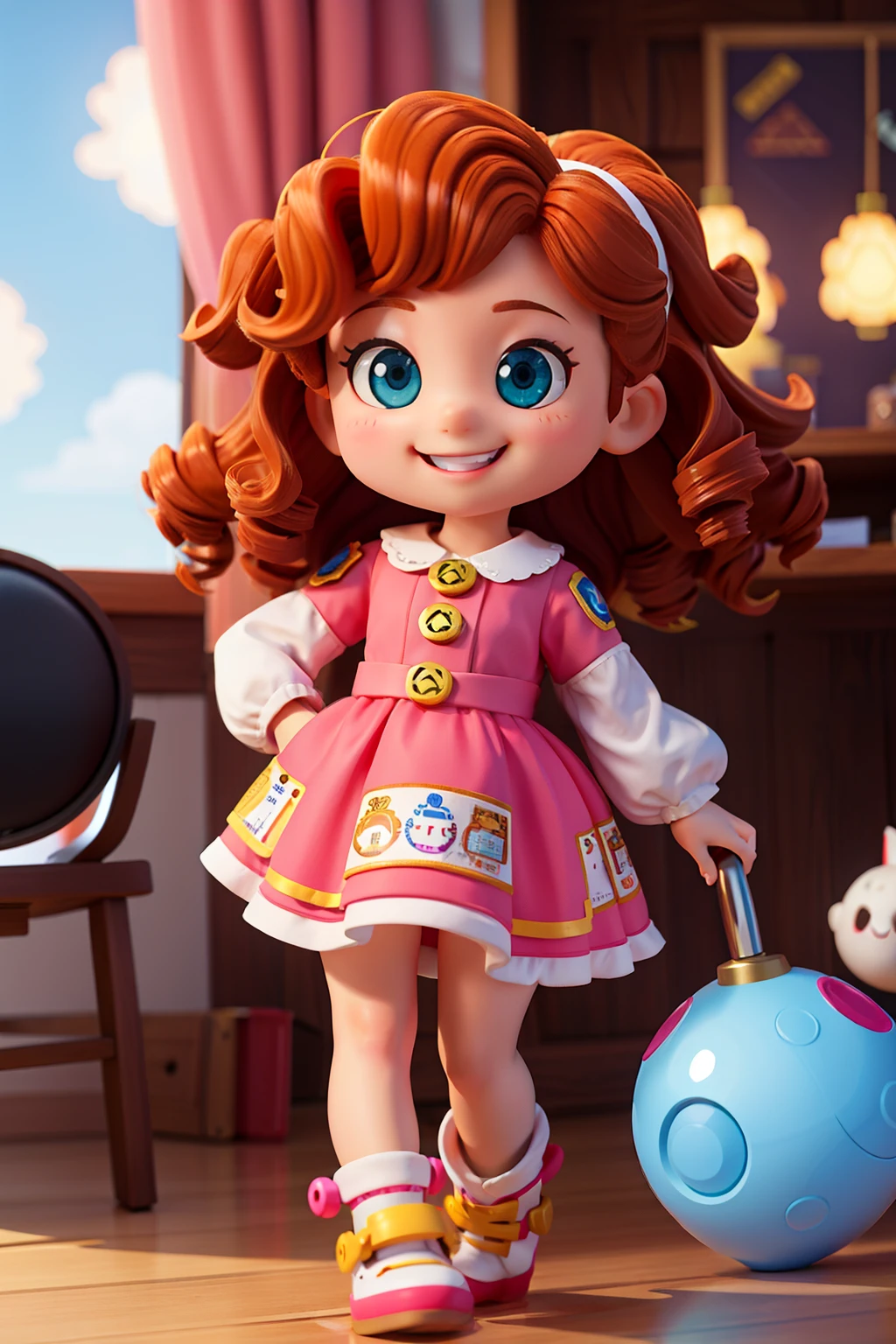 One ,drill hair, curly hair, smile, blind box toy style, Futurism, backlighting, sparkle, viewfinder, first-person view, Canon, high quality