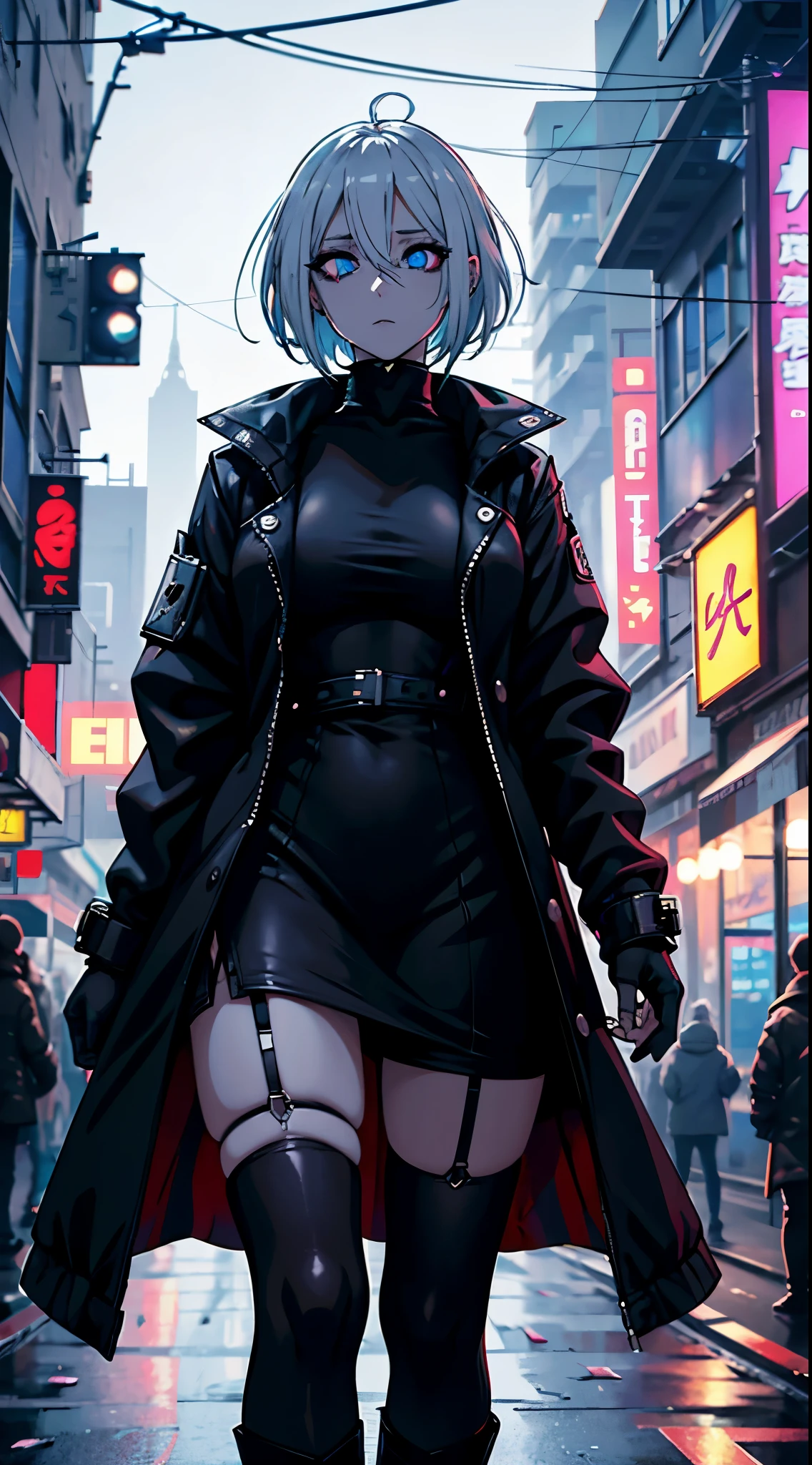 Dimaria yesta, yellow hair, black eyes, short hair, fairy tail, cyberpunk streets in, cyberpunk style, cyberpunk white outfit, has cyberpunk style, oppai cyberpunk, Ultra HD Quality, ((sharp face, Smudged eyes, blurred pupils)), official art, mature, 30 years old, ((fog iriseoggy eyes, dead eyes, deep shaded eyes, blurry eyes, fuzzy eyes))), lifeless expression, walking in the street, evil, terrifying, full body.
