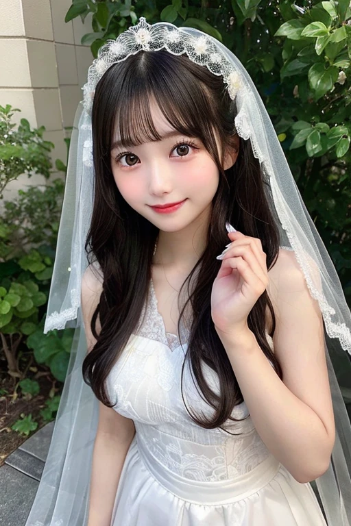 (hightquality、masterpiece、ultra res、Full shot shooting、with a smile shot),in 8K,japanese beauty girl(Clear eyes:1.3)、Very young girl、A girl with a cute smile、 -yeld fee model,(Super cute face in idol style:1.2), 、Pattsun bangs、A dark-haired、semi long hair、Middle hair、Straight hair、genitals are smooth、The genitals are so real、Breasts are small、Her body is slim and delicate.、white wedding dress、flower veil