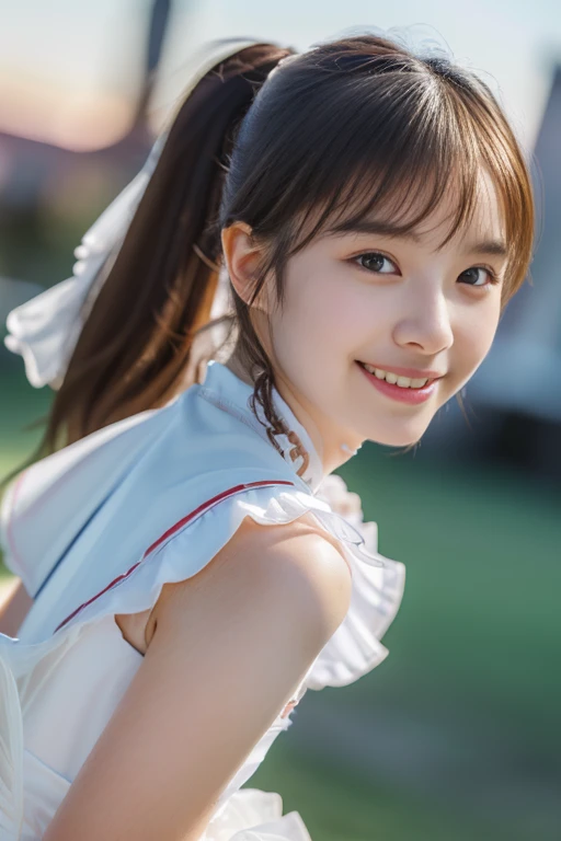((8K, RAW Photos, of the highest quality, Masterpieces), high definition RAW color photos professional close-up photos, (Realistic, Photorealism: 1.37), (Highest Quality), (Best of darkest illustrations), ((Cute, Beautiful, Ultra High Resolution, High Definition CG Unified 8K Denden Wallpaper, Physically Based Rendering, Movie Lighting), analog style, Elegant, grateful, UHD 8K, Digital SLR, FujifilmXT3, Vibrant, Candid, Dramatic immersive sunset, (Detailed face, Skin Texture), Film grain, Natural light, looking in camera,(Idol),(1 japanese girl),(Photo of a girl in Japan 16 years old), (Idol), (Young Face), ((White Wedding Ruffle Dresses)), ((White Mary Veil)),((Ponytail hair)), (Brown hair),High School Classroom, Beautiful detail eyes, Light on the Face, ((Cowboy Shot: 1.2)), especially strong light, (Upper Eyes, Grinning smile:1.2),Shiny skin, ulzzang -6500-v1.1:0.2, Shy, (The Flash:1.2), ((Leaning forward:1.2)), ((Good anatomy: 1.2)), ((Bright and refreshing classroom, the background is blurred: 1.2)), Perfect face, Cute face,