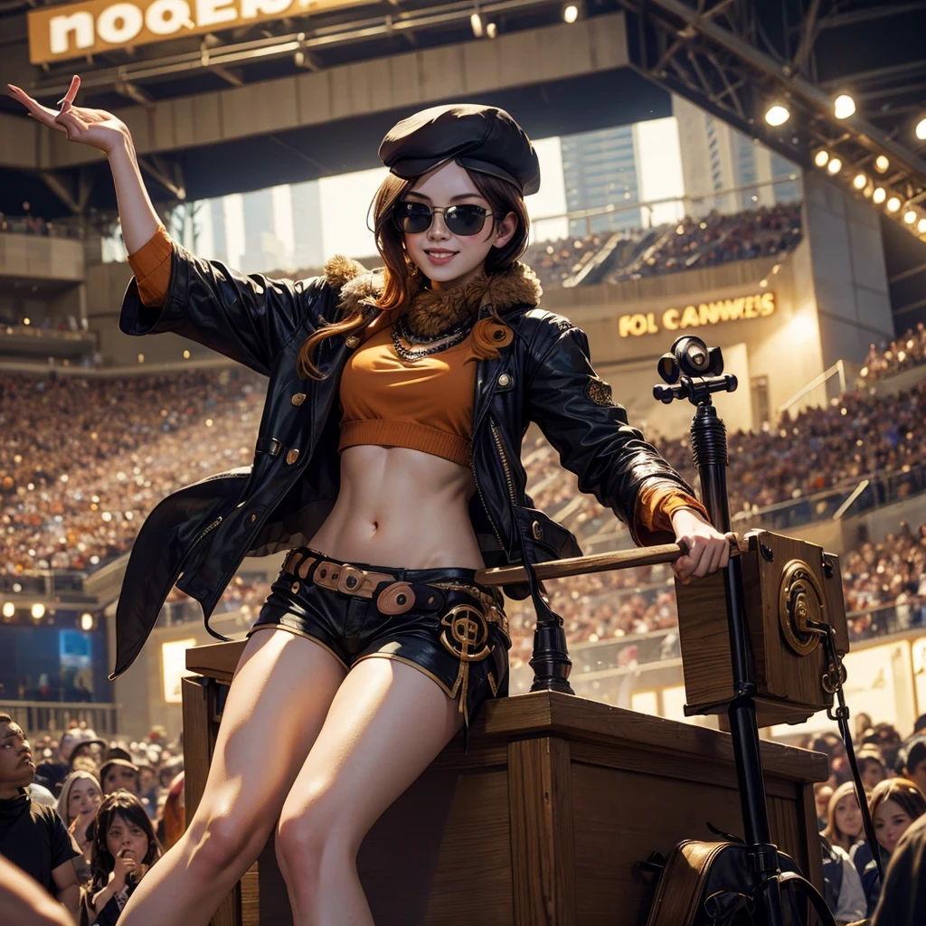 (masterpiece, best quality:1.2), cowboy shot, solo, 1girl, coco adel, grin, looking at viewer, hand on hip, beret, sunglasses, orange t-shirt , black gloves, shorts, jewelry, standing in stadium