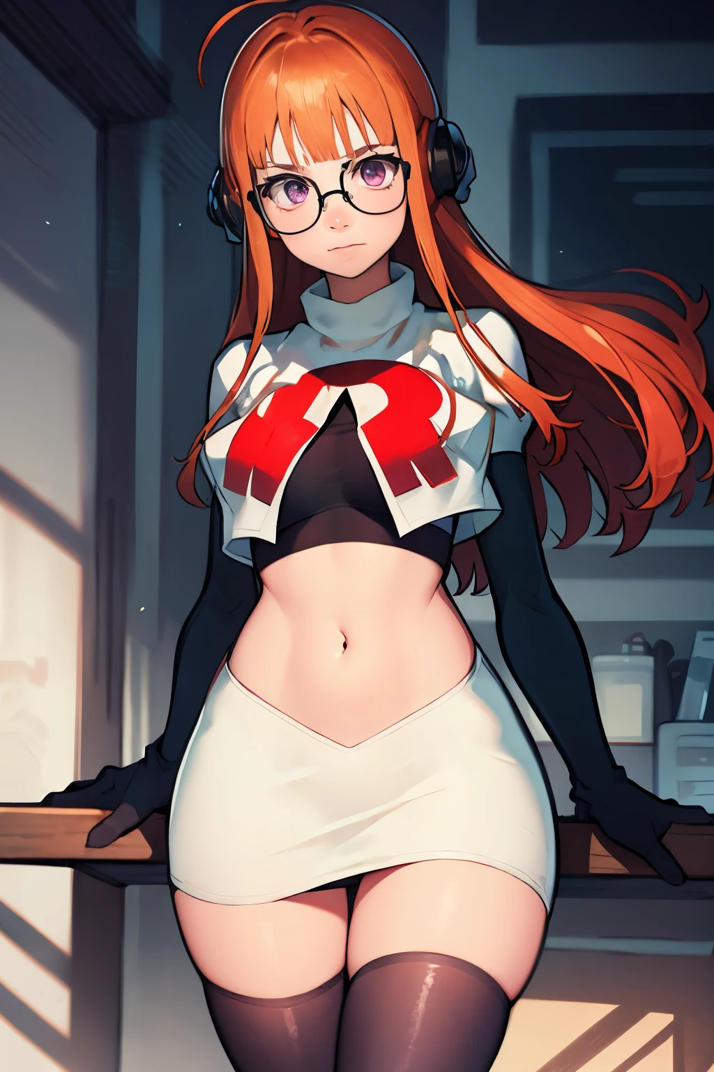 futaba sakura, orange hair, long hair, purple eyes, glasses, ahoge, team rocket, team rocket uniform, red letter R, white skirt, white crop top, black thigh-highs, black elbow gloves,