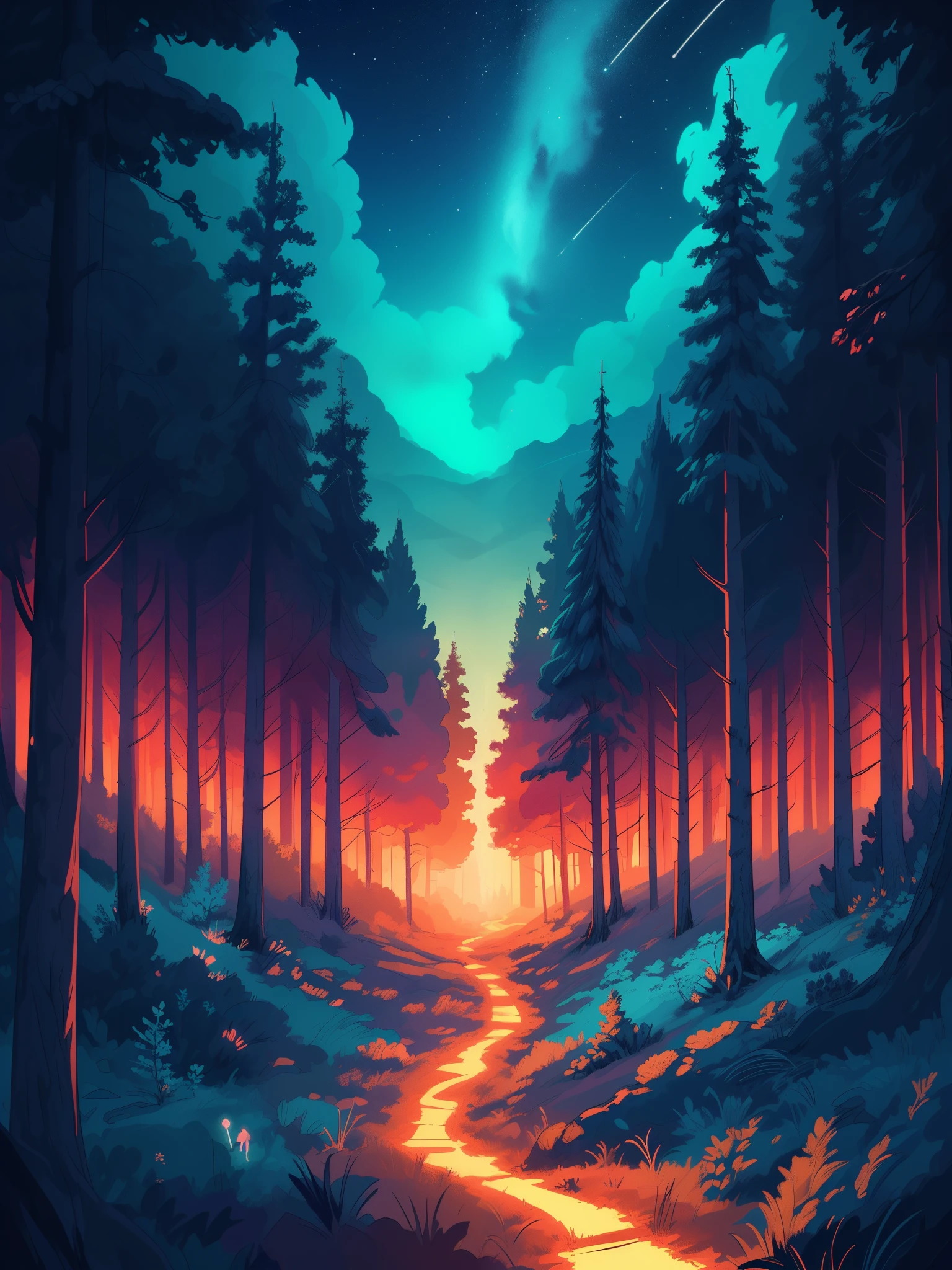 Draw an anime poster style lofi scene of a glow trail in the woods, magical, starry sky, mystical trees, wilderness, dense forest, night, beautiful color palette, vibrant saturated colors, masterpiece, cinematic cloudy sky, no human