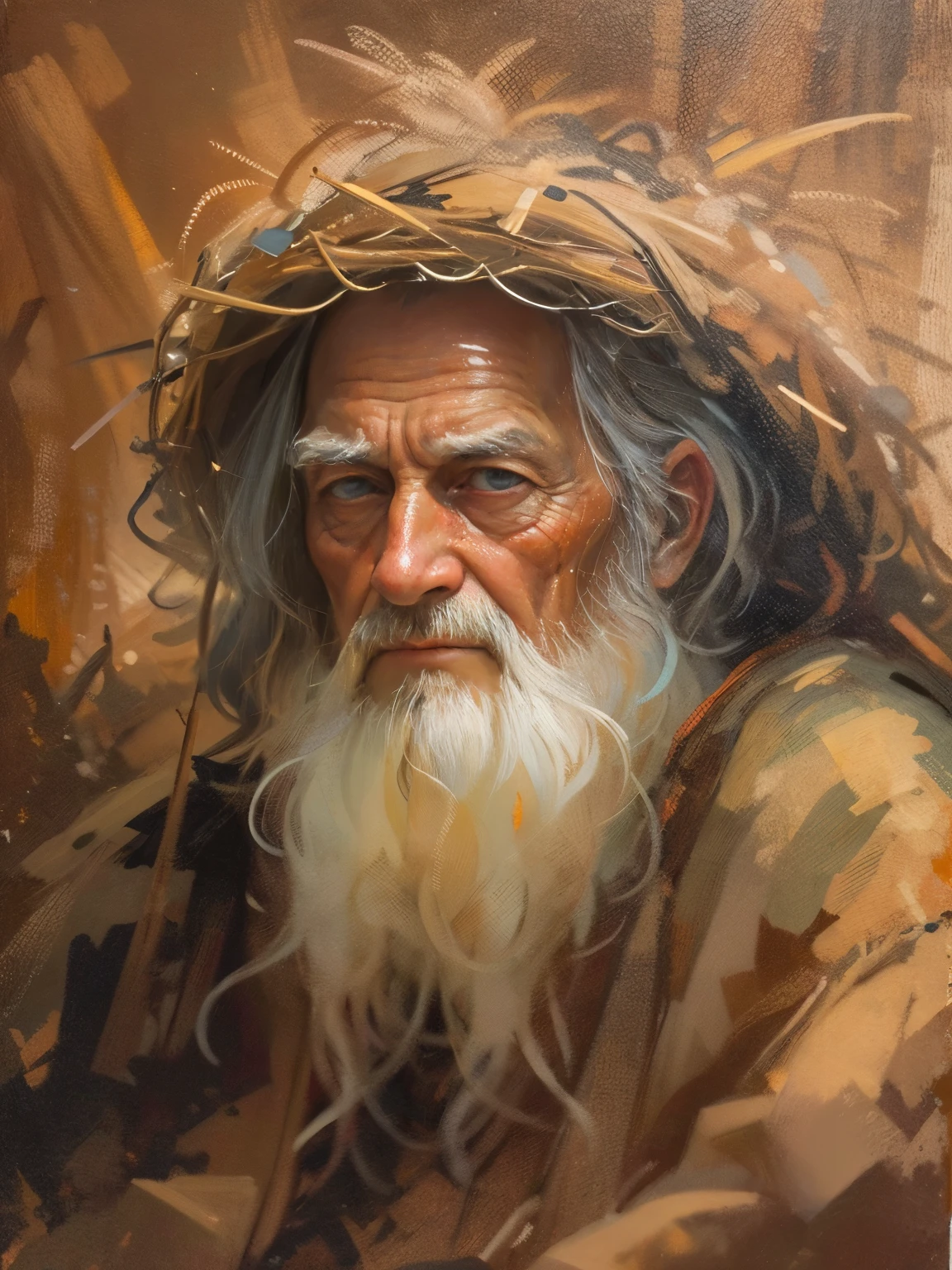 an oil painting，da vinci art style。old man in haystack, messy  hair，Tools，Guviz style artwork,，Artistic creativity:1.37,Sweet，Wonderful and magical，Exquisite，Natural soft light，Lonely eyes，