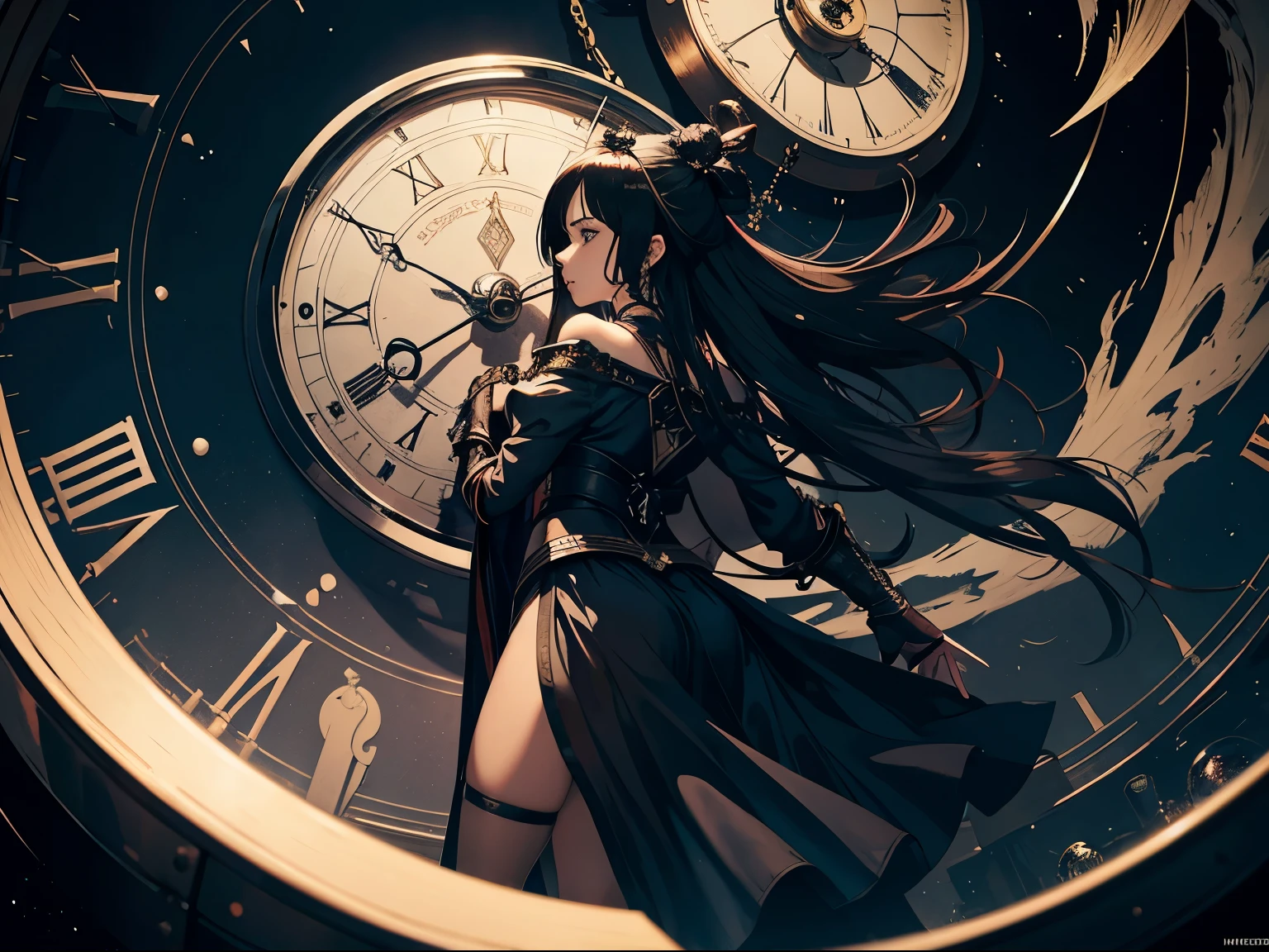 Kentaro Miura, Dawid Ryski, Surreal, mysterious, bizarre, fantastical, fantasy, Sci-fi, Japanese anime, midnight on the Morphy clock, the hourglass is a symbol of global time, a beautiful girl who wakes up at dawn and hunts until she catches a single prey, a forgotten memento of her “ad hoc” behavior style. perfect voluminous body, detailed masterpiece