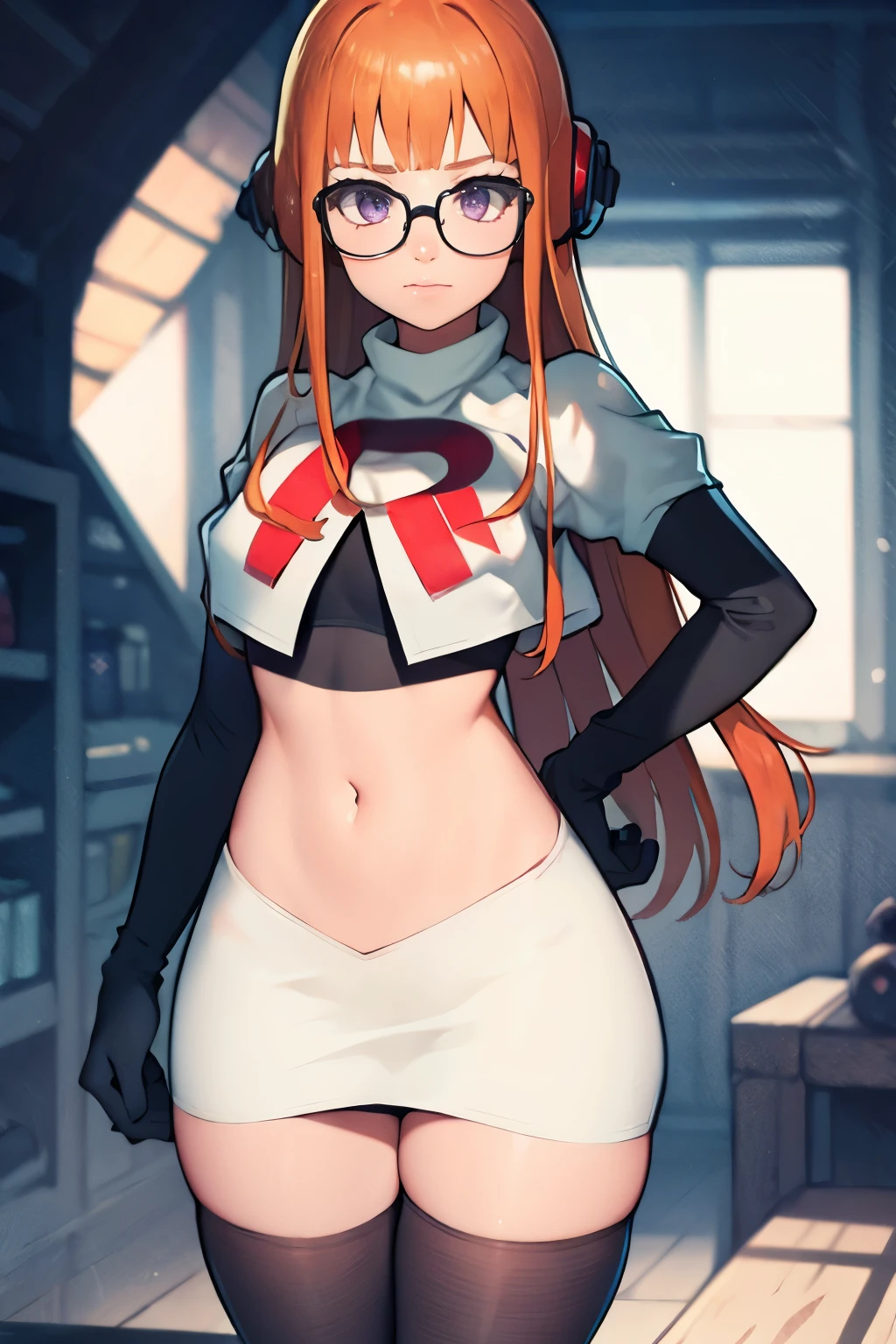 futaba sakura, orange hair, long hair, purple eyes, glasses, ahoge, team rocket, team rocket uniform, red letter R, white skirt, white crop top, black thigh-highs, black elbow gloves,