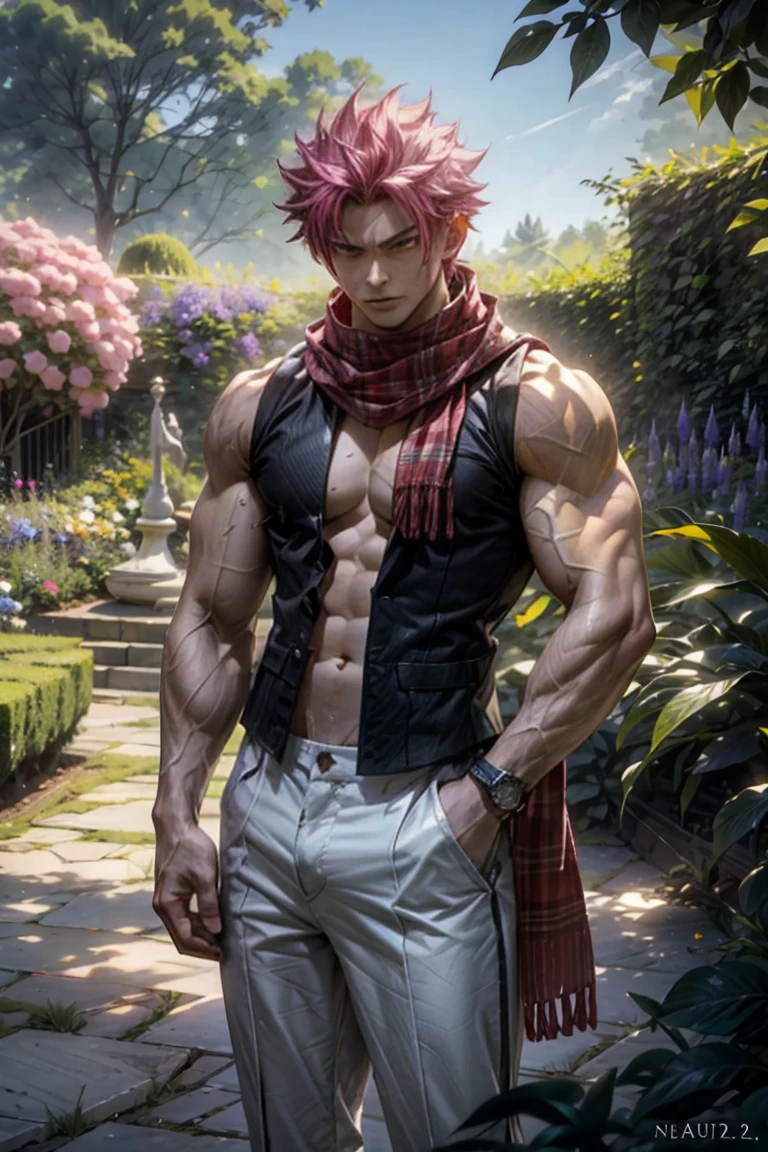 (best quality,4k,8k,highres,masterpiece:1.2), ultra-detailed, HDR, studio lighting, extreme detail description, professional, vivid colors, bokeh,Natsu Dragneel, flexing, expressionless face, sweating, fit V-shaped body, abs, chest, pecs, rose petals and roses, slim waist wide chest,   body, naked with penis and scrotum and socks