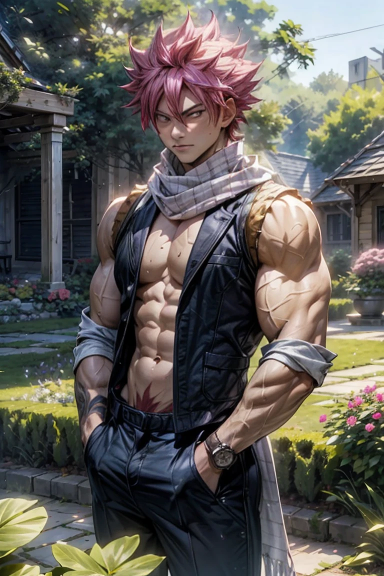 A muscular man Natsu Dragneel is standing in a garden (flexing:1.1). He is wearing a (cut sleeve vest:1.2) and (white scarf:1.2) with visible chest and pecare chested:1.2, washboard abs:1.2, V-shape body:1.2). Natsu has extremely detailed facial features. The garden surrounding him is filled with vibrant flowers and lush greenery. The garden has a floral aesthetic. The lighting in the scene is absolutely stunning, with gorgeous natural light illuminating the garden, creating a warm and inviting atmosphere.