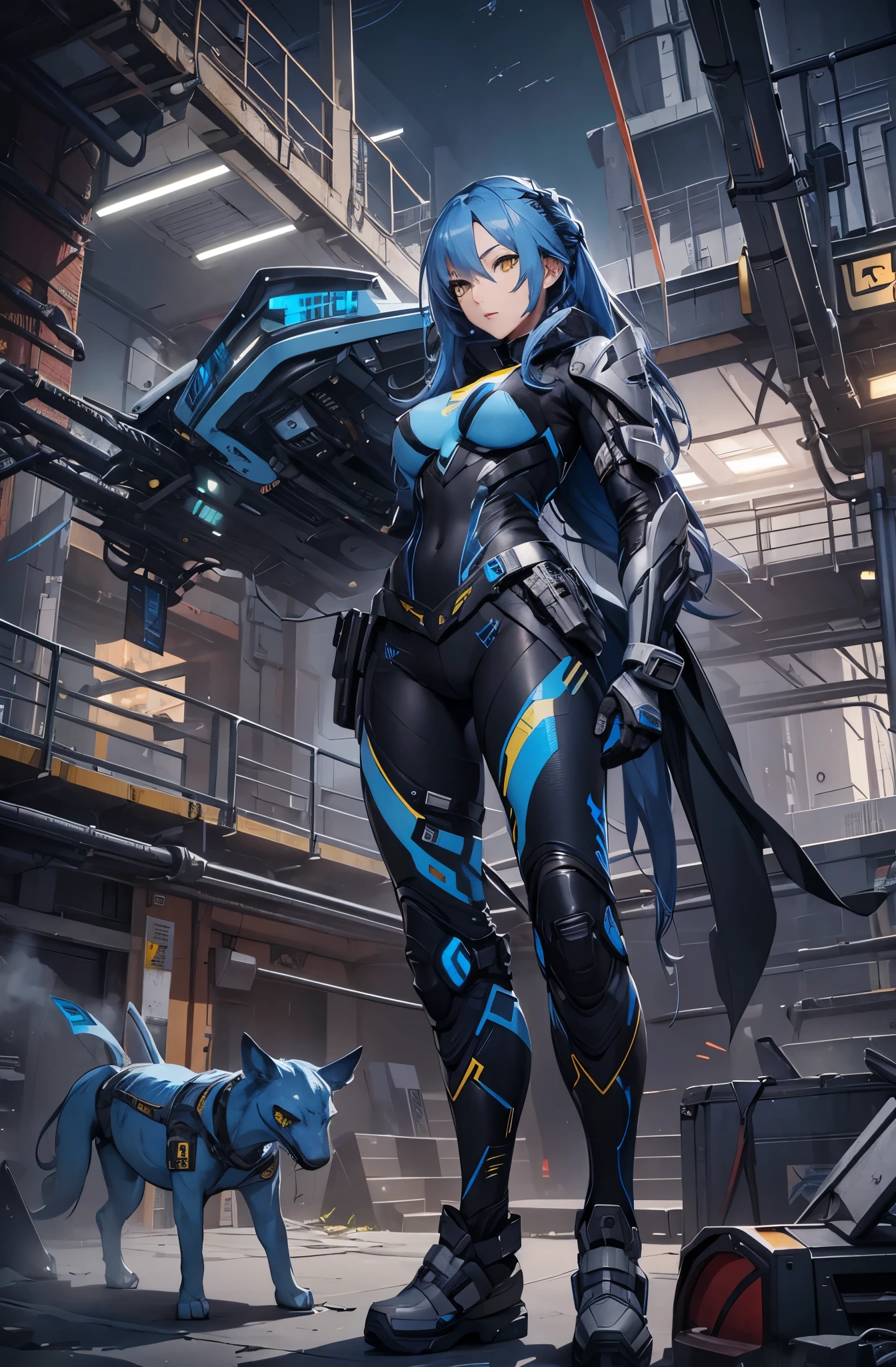 1female, blue long hair, yellow eyes, wearing modern combat suit, beautiful, model, 4k, official art, highly detailed, masterpiece