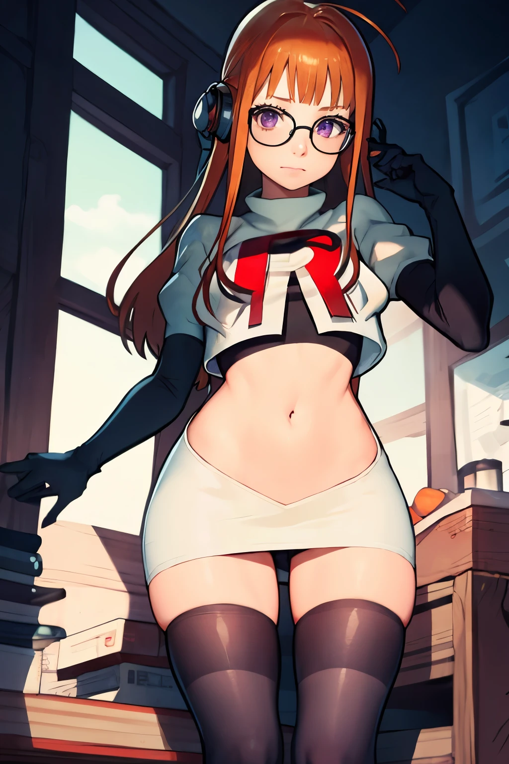 futaba sakura, orange hair, long hair, purple eyes, glasses, ahoge, team rocket, team rocket uniform, red letter R, white skirt, white crop top, black thigh-highs, black elbow gloves,