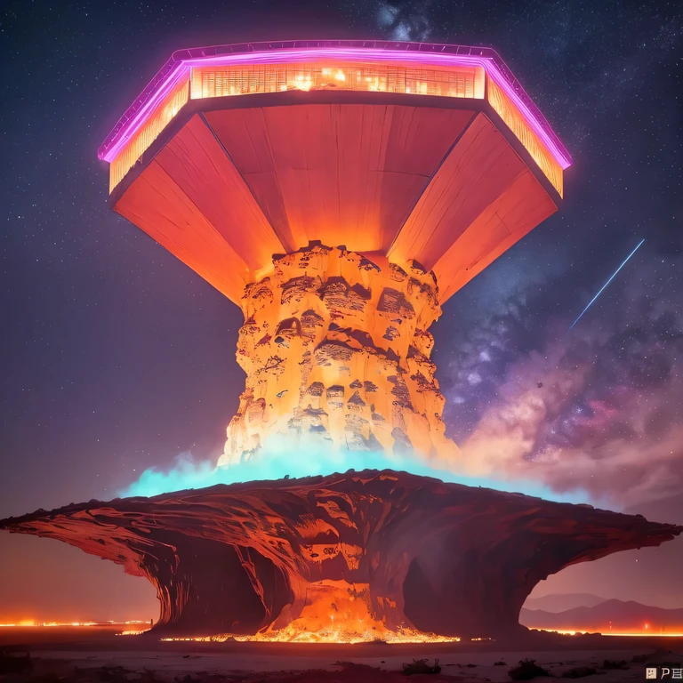 Light orange style,Purple pink series,Alien Hexagonal Base (Nipples are very delicate) In a hexagonal mountain oasis,There are several hexagonal exhaust fans and chimneys, some neon lights project from the base,Light up the night), There are some clouds in the night sky, Some surrounding planets provide air to unknown planets,The most remote giant hexagonal volcano erupts,the rainforest