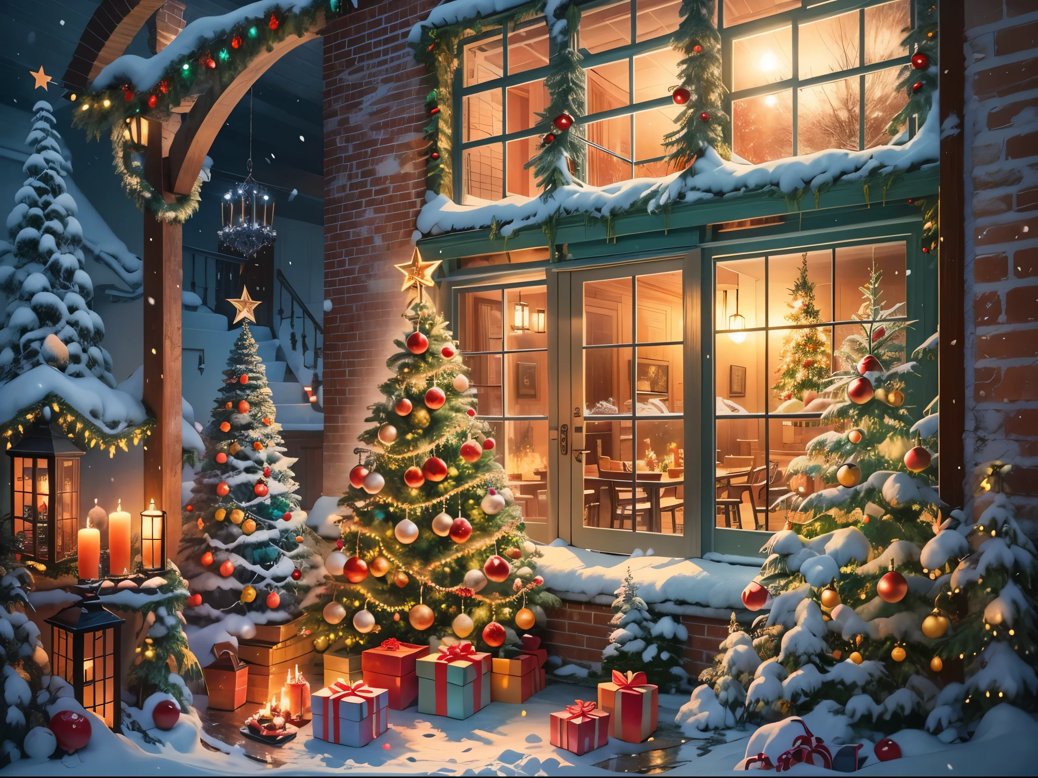 (best quality,highres), cozy home, festive Christmas atmosphere, warm lighting, beautifully decorated Christmas tree, sparkling ornaments, joyful family gathering, Christmas stockings hanging by the fireplace, flickering candles, peaceful ambiance, snowflakes falling outside