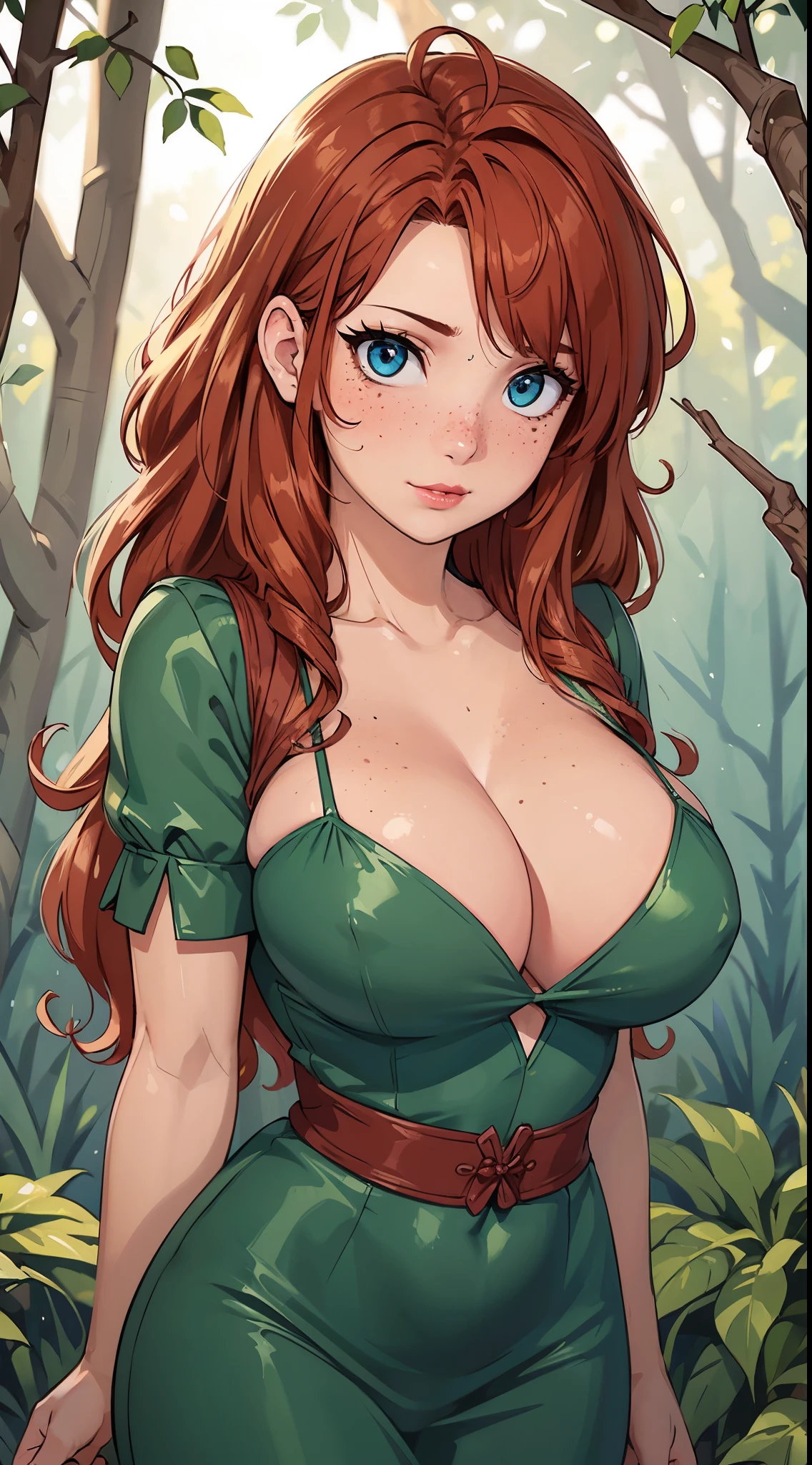 masterpiece, best quality, expressive eyes, perfect face, big eyes, looking at viewer, large breast, big breast, small waist, , Best Quality, Realistic, perfect figure, highly detailed, showing cleavage, dressed as merida from brave, Red curly hair, big hair, blue eyes, Green outfit, in the forest, bow and arrow, detailed dress, freckles on her face, cheek blush, big puffy hair, very curly hair