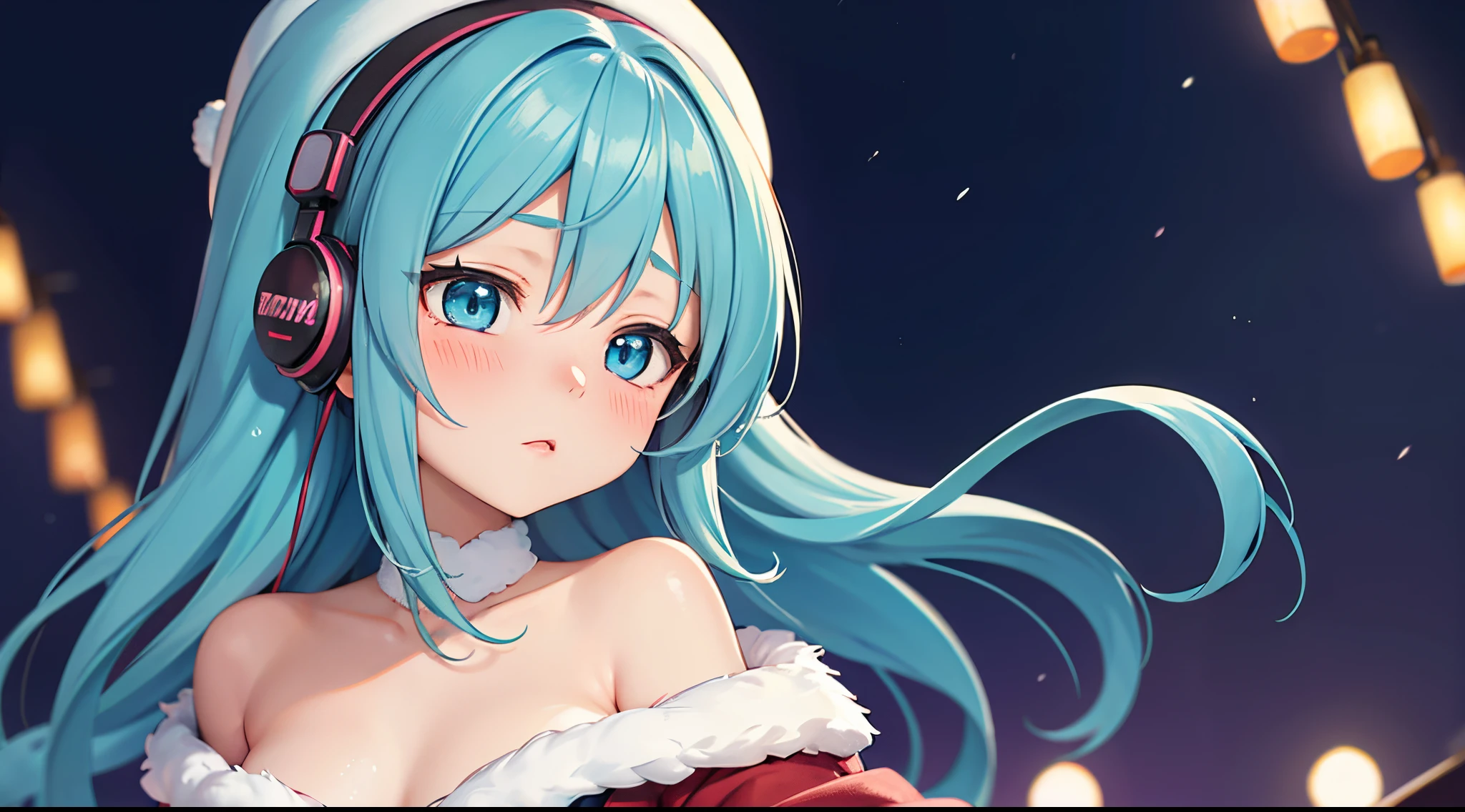 A girl who looks like Haruhi Suzumiya femme mermaid Adult Beautiful Woman lofigirl blue hairs Blue eyes Long dye one's cheeks red Tsundere Female Main Background is blurred Draw only the upper body Hair is shaggy White knitwear Shoulder out Shoulder out Wear gloves White knitwear帽子 kou Winters yuki White breath I don't draw my hands Illuminated background Countless colorful lights Background is blurred dazing Christmas tree yukiが降る Draw only the upper body 美しいBlue eyes blue hairs Tsundere dye one's cheeks red 正面を向く Twilight Lonely Gweiz's style artwork、Beautiful anime、 Alone guweiz、Beautiful anime girl、Beautiful anime girl、Anime girl with teal hair、anime styled。8K、Bowater's Art Style、beautiful digital illustrations、beautiful character painting、Stunning Anime Face Portrait Mikudayo, official artwork, lofi-girl, lofi artstyle,, sayori, anime vibes, 富士フイルムと混ぜたanime styled, digital anime illustration, anime wallpaper 4k Girl with headphones
