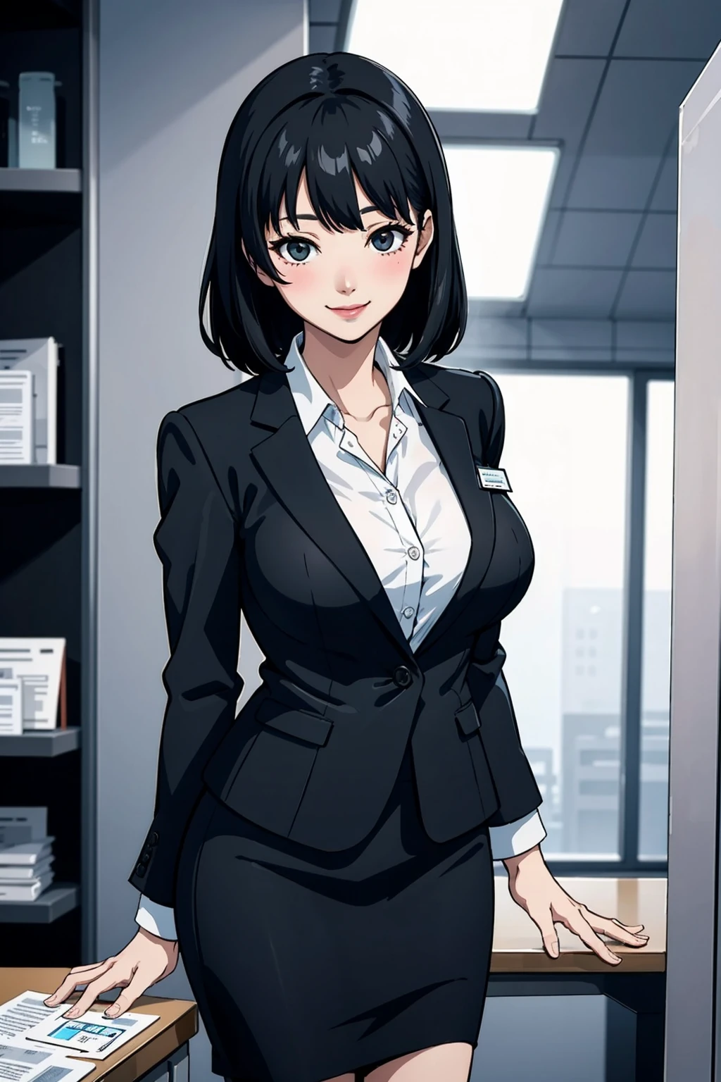 (modern office indoors), 1lady solo, (black medium hair) bangs, (suit jacket, pencil_skirt), (black pantyhorse), ((id card)), blush kind smile, (masterpiece best quality:1.2), delicate illustrations, high resolution, super detail, large breasts