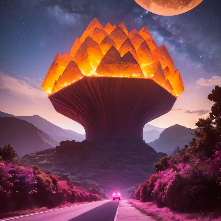 Light orange style,Purple pink series,Alien Hexagonal Base (Nipples are very delicate) In a hexagonal mountain oasis,There are several hexagonal exhaust fans and chimneys, some neon lights project from the base,Light up the night), There are some clouds in the night sky, Some surrounding planets provide air to unknown planets,The most remote giant hexagonal volcano erupts,the rainforest