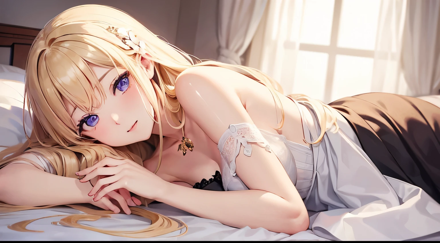 beautiful blonde long hairstyle、absurderes、Night dress based on white、Emphasis on the chest、Cute young lady、Deep and detailed eyes、Beautiful, delicate and detailed purple eyes、Very beautiful and delicately shining eyes、Sleepy face with attention to detail、wink、;D、beautiful and delicate flowing hair、Beautiful delicate and detailed hands、very delicate and detailed fingers、Sit up、独奏、Super beautiful illustration、Cute and beautiful, Beautiful face very delicate and detailed、bedroom、a bed、futon bedding、inside in room、morning、morning日、suns