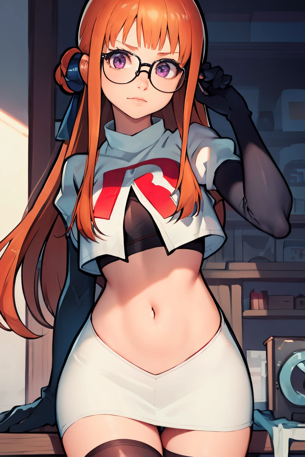futaba sakura, orange hair, long hair, purple eyes, glasses, ahoge, team rocket, team rocket uniform, red letter R, white skirt, white crop top, black thigh-highs, black elbow gloves,