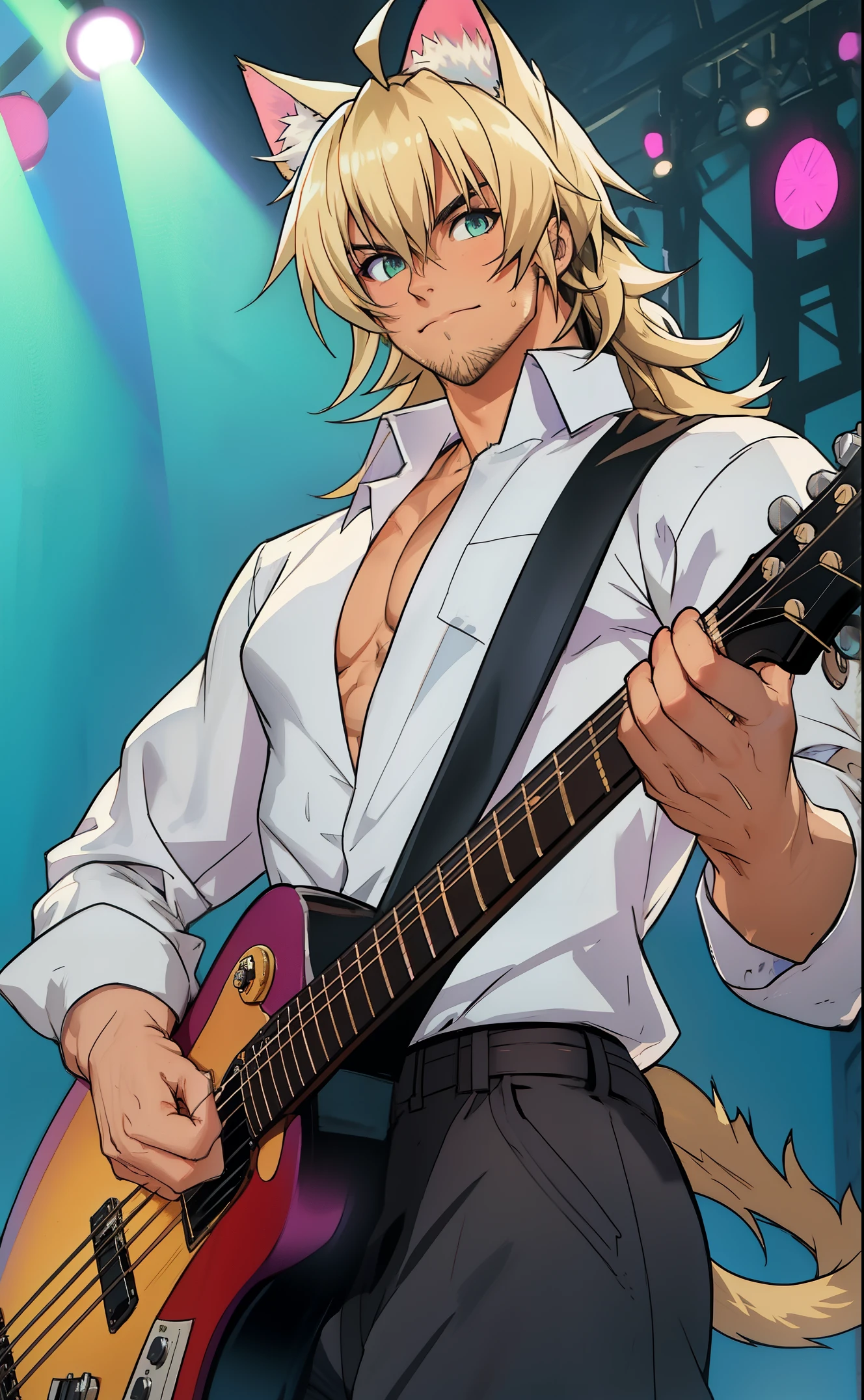 Purple fur lined jacket, one male, cat ears, long hair, blond, blond hair, green eyes, tall, muscular, white shirt, beautiful face, highest quality, masterpiece, 2d, anime, perfect face, highest detail, feline eyes, stubble, cat tail, wavy hair, cowboy shot, detailed face, intricate details, holding black bass guitar, stage background