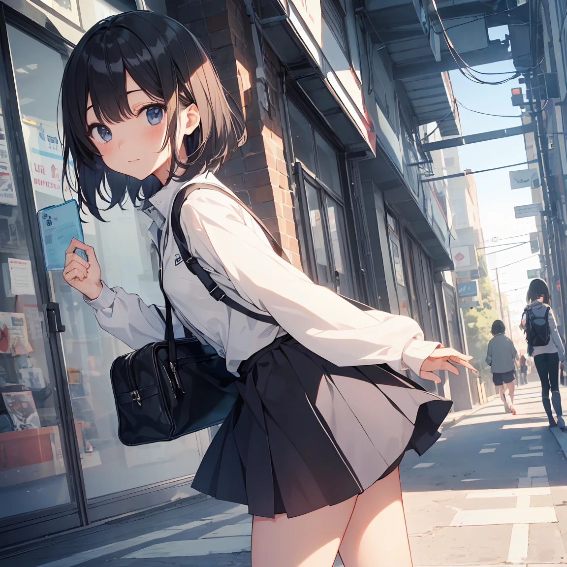 Portrait, documentary, Photo, A girl is 13years gender-neutral middle school student with short black hair and small chest, 笑顔でcommuting to schoolルートを歩く, Short hair, School uniform, Skirt, commuting to school route, High quality, Realistic, Eye-Level Shot, medium shot, Front view, Natural lighting, commuting to school,BREAK,1girl in, (Solo, face,13years:1.5),a junior high school student, Androgynous attraction, (Very Short hair), flat chest, Small butt, Beautiful detailed black eyes, ,BREAK,((of the highest quality,Anime style, Ultra-detailed,High resolution,extremely details CG,Unity 8k壁纸,by famous artist,Perfect Anatomy,Ultra-detailed細なスキン,Cinematic lighting)),