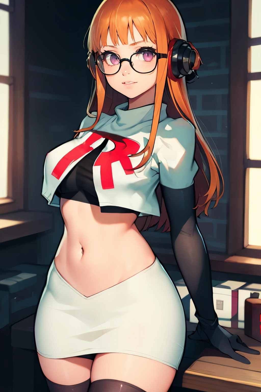 futaba sakura, orange hair, long hair, purple eyes, glasses, ahoge, team rocket, team rocket uniform, red letter R, white skirt, white crop top, black thigh-highs, black elbow gloves,