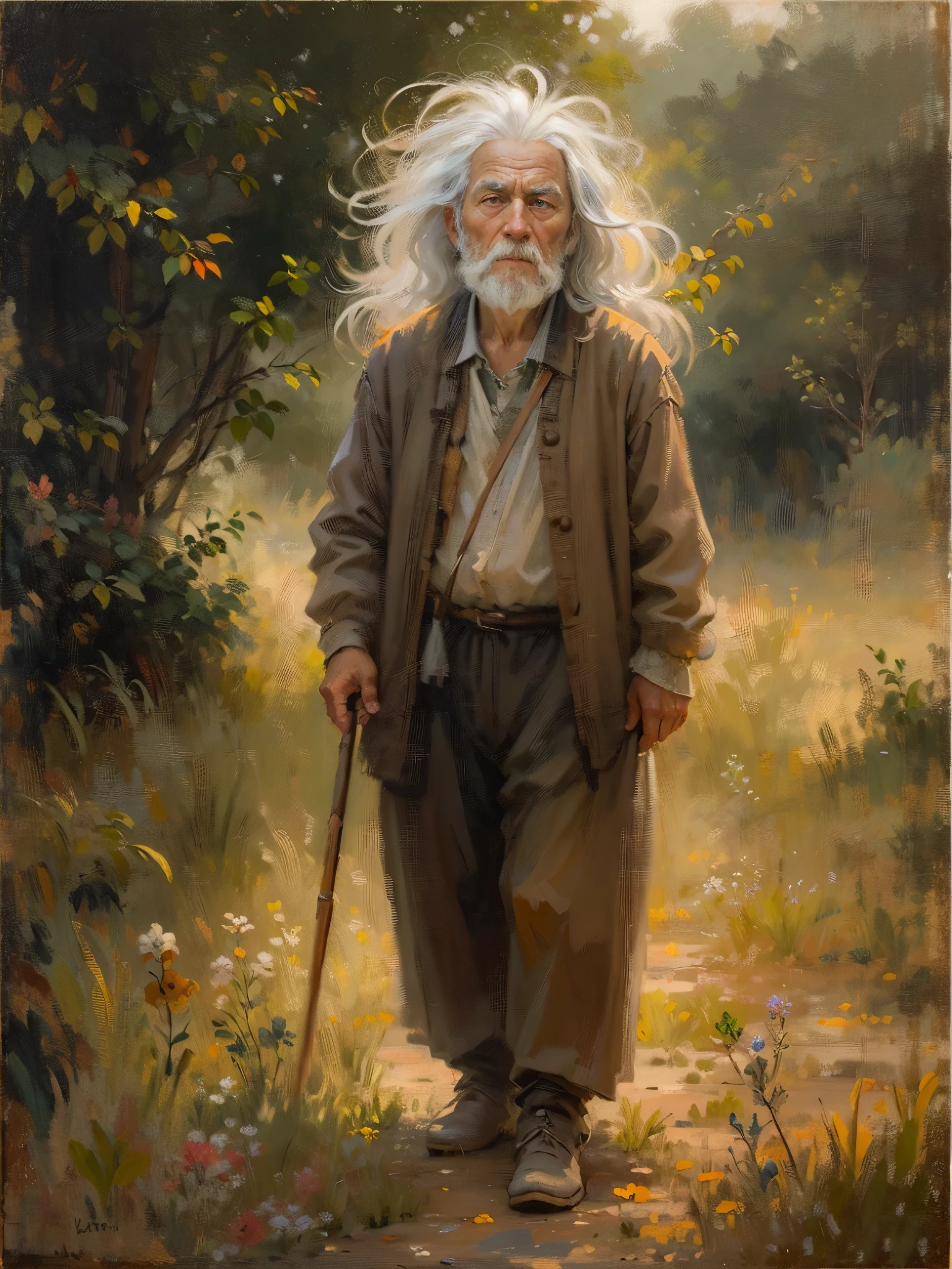 an oil painting,da vinci art style。old man in pasture, messy hair,Guviz-style artwork,,Artistic creativity:1.37,Sweet,Wonderful and magical,Exquisite,Natural soft light,Lonely eyes,