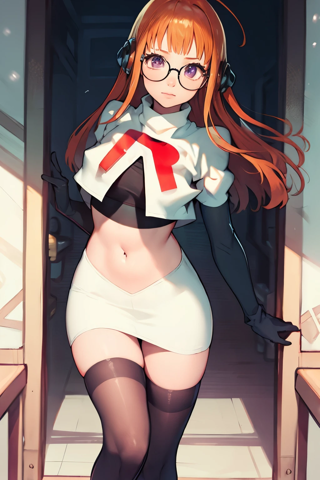 futaba sakura, orange hair, long hair, purple eyes, glasses, ahoge, team rocket, team rocket uniform, red letter R, white skirt, white crop top, black thigh-highs, black elbow gloves,