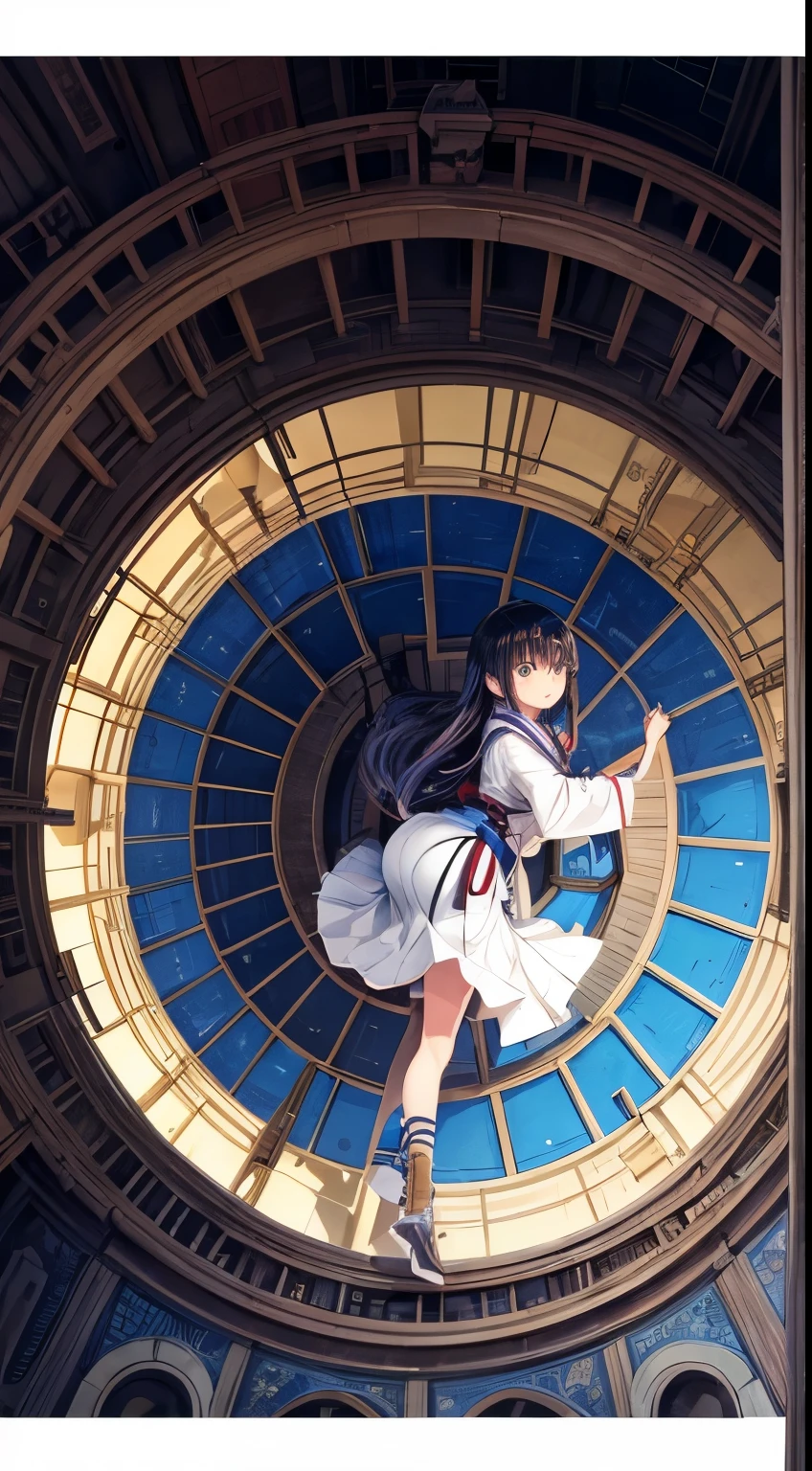 Fidus, Kotomi Aoki, Surreal, mysterious, strange, fantastical, fantasy, Sci-fi, Japanese anime, archeology, architectural history, architectural structure, seeking height, images and ideas of towers, miniskirt beautiful girl climbing the spiral staircase of the tower, perfect voluminous body, detailed masterpiece