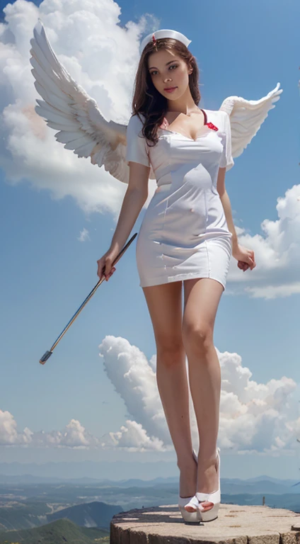 Beautiful nurse vampire girl. super beautiful body. Full body. red eyes. white dress. White high heels. Angel Wings. holding a magical big stick. Standing on the cloud