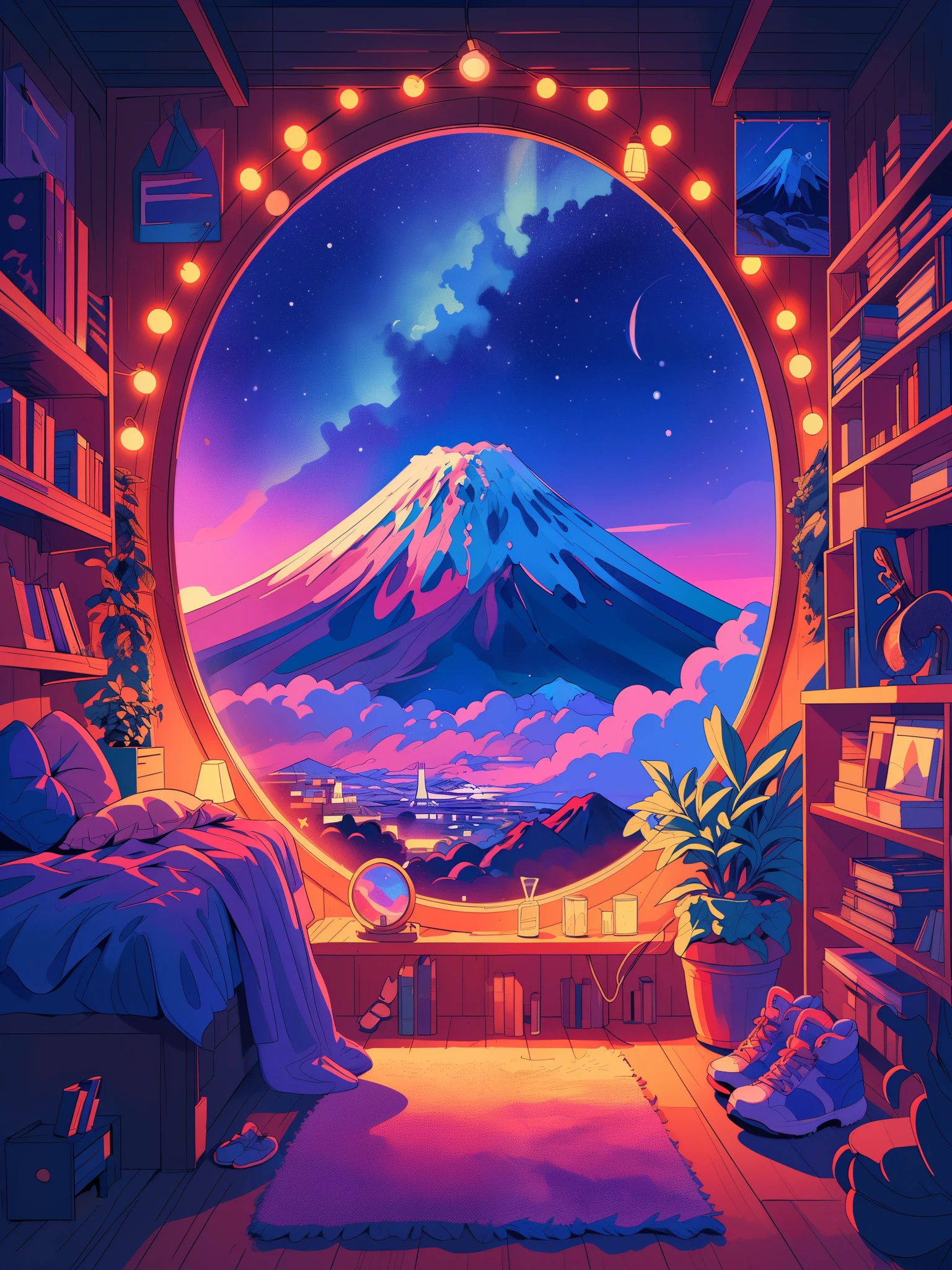 Draw an anime poster style lofi scene of a cozy bedroom with huge circular window, Mount Fuji visible with a cloud on top, starry night, fairylights, plants, shelves, books rack, shoe rack, guitar,  night, beautiful color palette, vibrant saturated colors, masterpiece, cinematic cloudy sky, no human