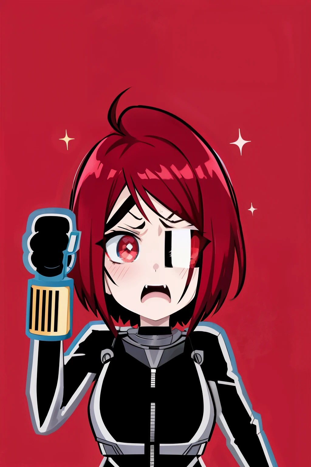 cartoon woman with a fist in her hand and a red background, female protagonist 👀 :8, nanogirl, female protagonist, black widow, angry female cyborg, cel - shaded art style, femshep, armor girl, female cyborg, cel shaded:15, character from king of fighters, fighting game character, comic character, sparkle, UHD, best quality, award winning