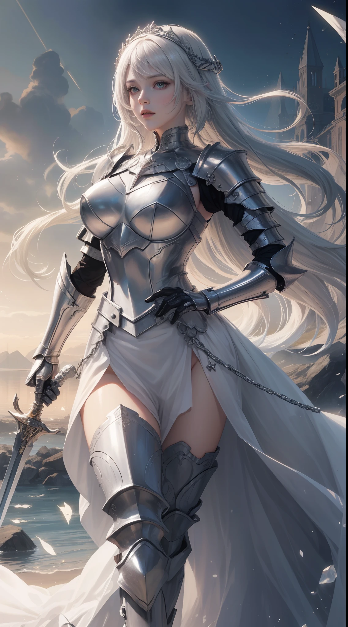 tmasterpiece,Highest image quality,A beautiful bust of a dashing female knight,Exquisite silver-white long hair,(Clear red eyes),holy sword,Gorgeous and exquisite armor all over the body,Armor gauntlets,Medieval Church Templar Set,Ultra-detailed details,advanced。At the Pixiv Art Station,Break your own power,The kinky is exposed,R-18G