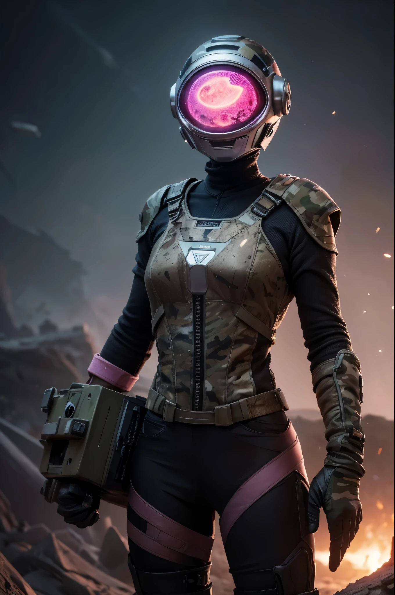 A Modern flat toon Crazy whit a Big ONE a Only Eye Robot and helmet Style, tongs in hands, Tv head, pinhead, camouflage PINK Rusty, Ambient in a meteorite crater super detailed, center, beautiful, soft lighting, focused on the character, 4K resolution, photorealistic rendering,