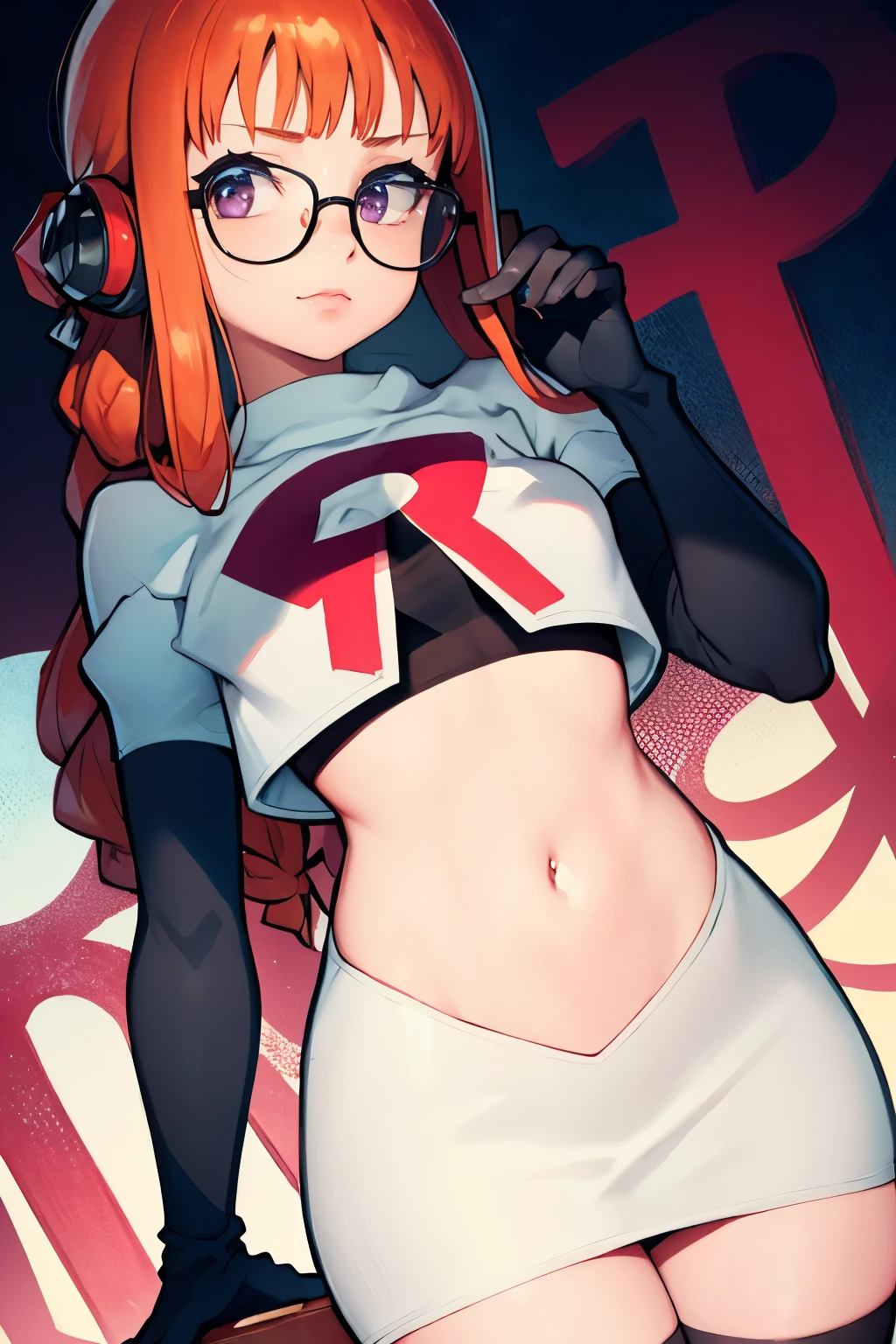 futaba sakura, orange hair, long hair, purple eyes, glasses, ahoge, team rocket, team rocket uniform, red letter R, white skirt, white crop top, black thigh-highs, black elbow gloves,