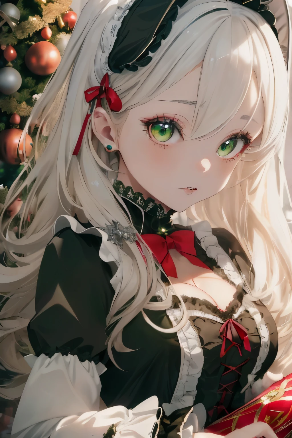 (Thin blonde hair:1.35),(Green eyes:1.35),(Long curled hair:1.5),(With bangs),(Gothic world view),(Christmas tree),(🦌,🎄),(Gorgeous Gothic Lolita costume with plenty of volume:1.7),(The chest opens and you can see the cleavage.),(Holding a rabbit:1.5),(Accessories with Christmas ornament motifs),(black and white and red and silver:1.5),(Eye size:1.7),(Inside your eyes are shining like stars:1.5),Slight red tide,Kamimei,(close up of face:1.35),