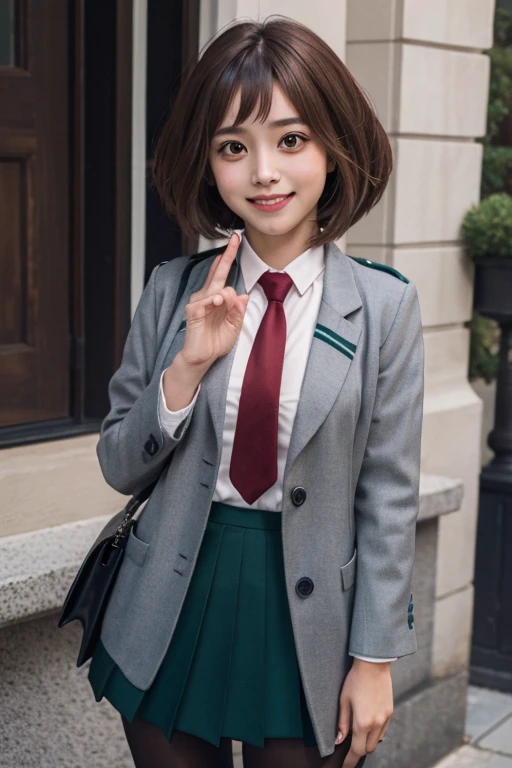 high definition, 8K, detailed face, Ochako Uraraka from My Hero Academia, full body, Deep brown eyes, (((school uniform)), pantyhose, green skirt, grey coat, tie, park, (medium breasts)), slim and thin, body of equal proportions, ((focus on her face)), front view, four fingers and 1 thumb, ((2 hands)), Brown hair, Beautiful smile, Smiling at viewer, blushing cheeks, fringe,