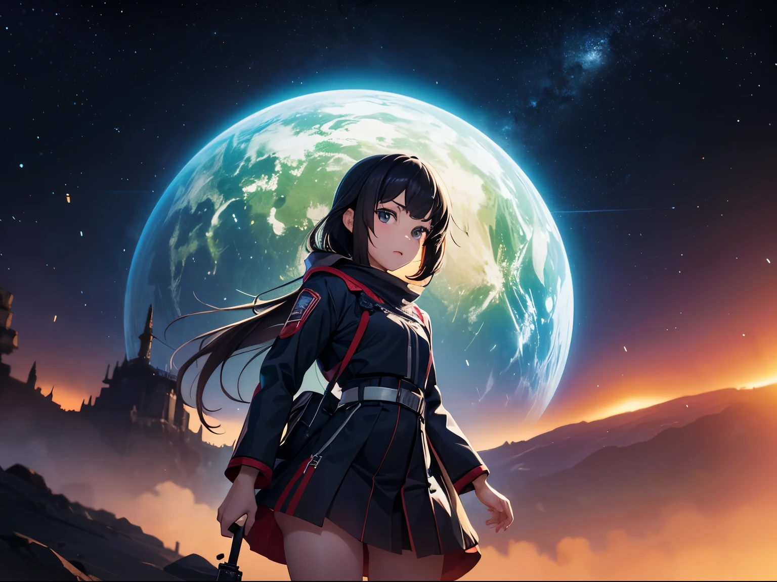 Michal Karcz, Yun Koga, Surreal, mysterious, strange, fantastic, fantasy, Sci-fi, Japanese anime, bicycle space trip of a beautiful high school girl in a miniskirt, perfect voluminous body, Planet Acturus, 37 light years from Earth, giant star in the celestial sphere, detailed masterpiece
