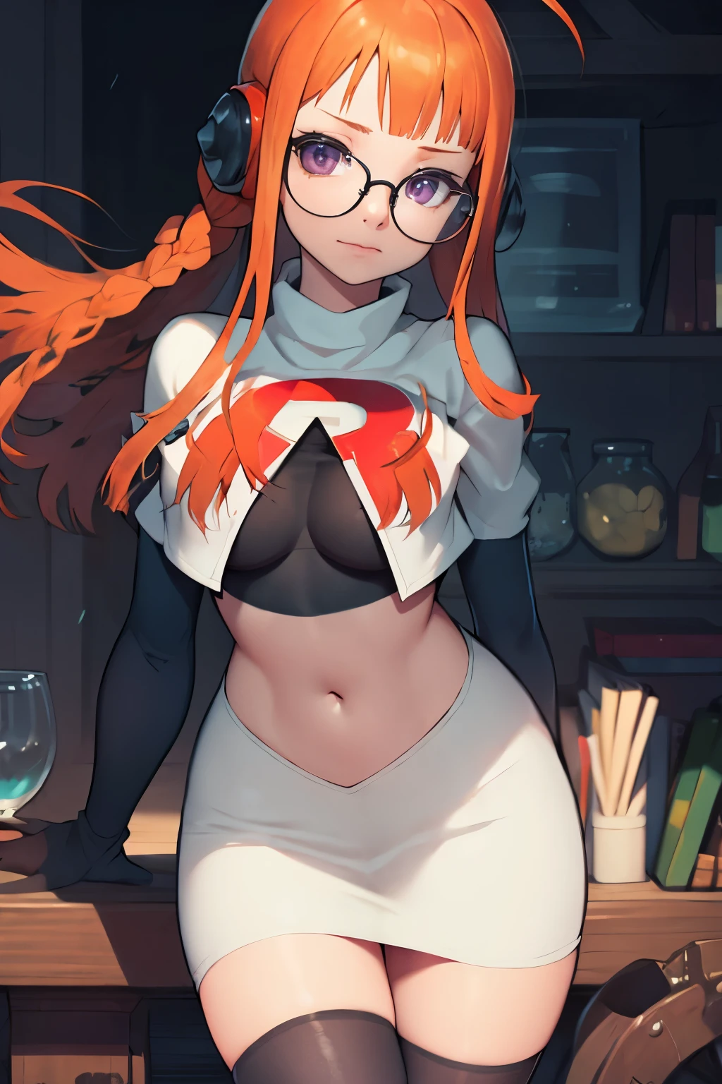 futaba sakura, orange hair, long hair, purple eyes, glasses, ahoge, team rocket, team rocket uniform, red letter R, white skirt, white crop top, black thigh-highs, black elbow gloves,