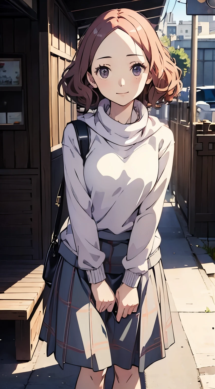 (((masterpiece))) 4k HD, detail background, Haru Okumura, innocent smile, oversize sweater, skirt, standing, outdoor, cute