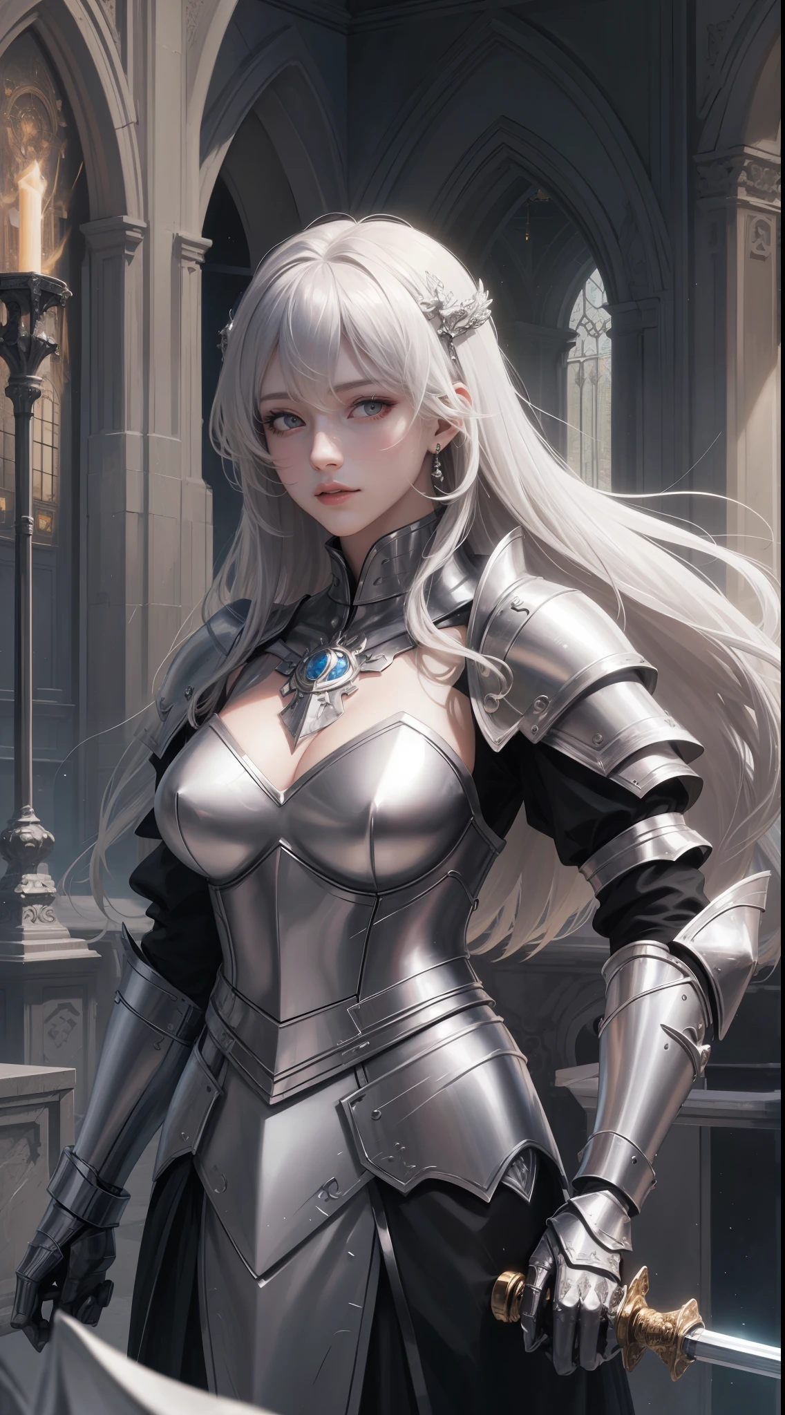 tmasterpiece，Highest image quality，A beautiful bust of a dashing female knight，Exquisite silver-white long hair，（Clear red eyes），holy sword，Gorgeous and exquisite armor all over the body，Armor gauntlets，Medieval Church Templar Set，Ultra-detailed details，advanced。At the Pixiv Art Station，Break your own power，The kinky is exposed，R-18G