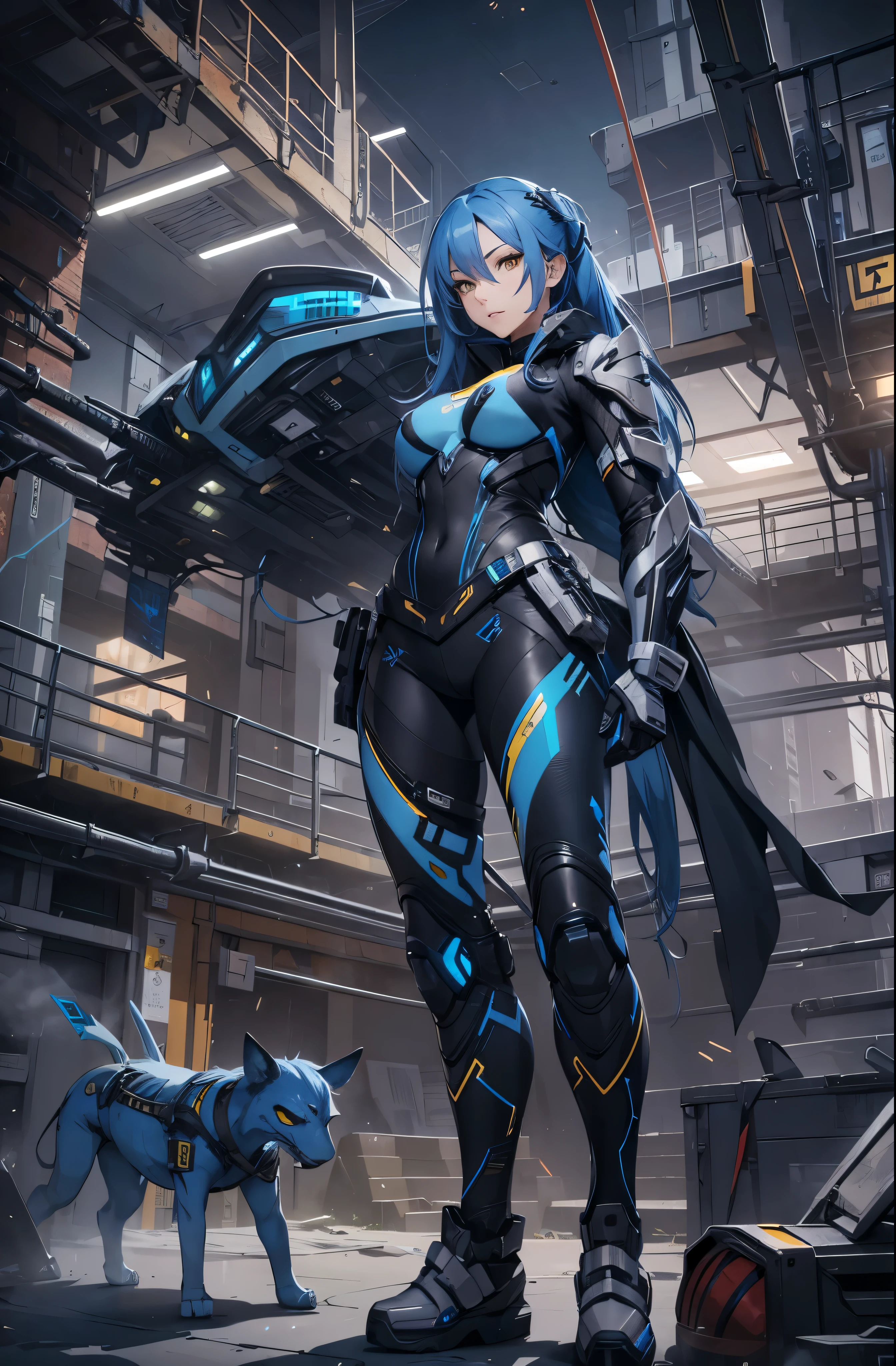 1female, blue long hair, yellow eyes, wearing modern combat suit, beautiful, model, 4k, official art, highly detailed, masterpiece