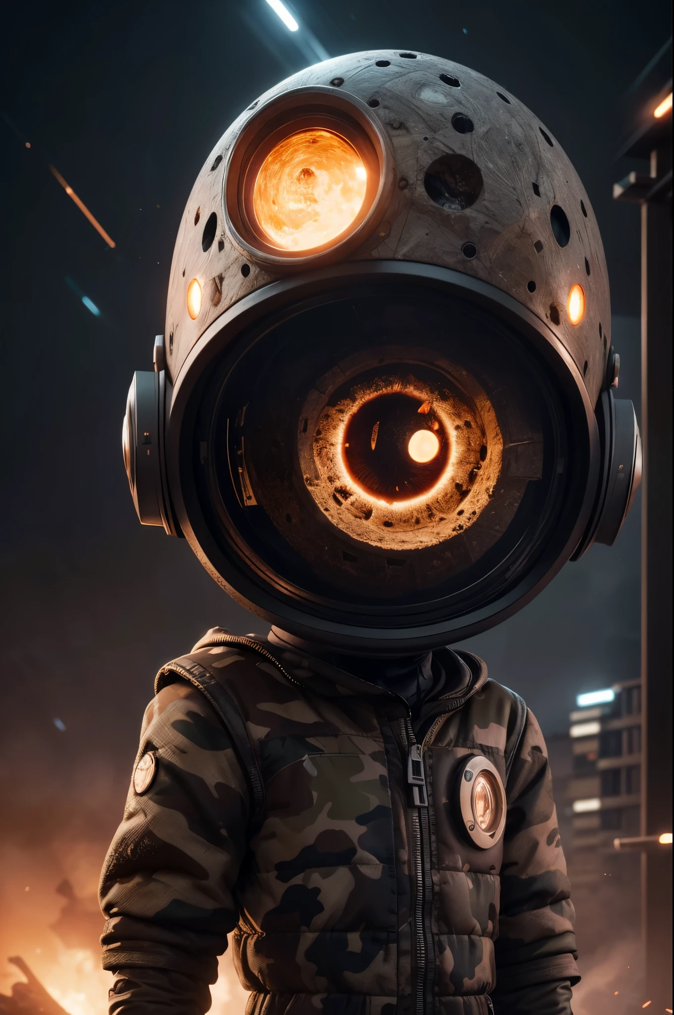 A Modern flat toon Crazy whit a Big ONE a Only Eye Robot and helmet Style, tongs in hands, Tv head, pinhead, camouflage PINK Rusty, Ambient in a meteorite crater super detailed, center, beautiful, soft lighting, focused on the character, 4K resolution, photorealistic rendering,