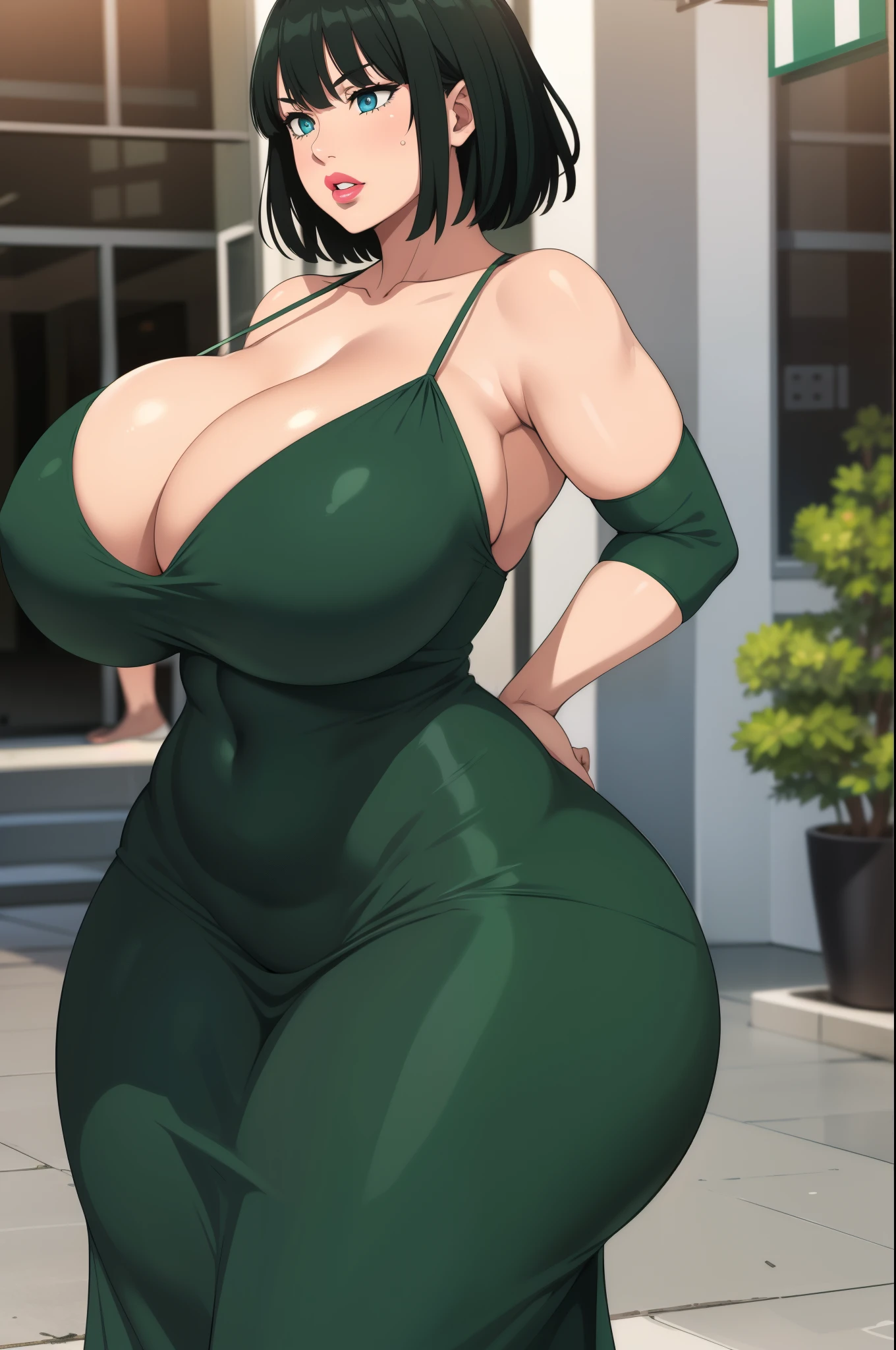 Fubuki, 1girl, ((bimbo))), short green hair, blue eyes, puffy lips, painted lips, thick lips, wide hips, thick thighs, huge ass, bimbo face , enormous huge natural breasts, cleavage, green dress, , panties,