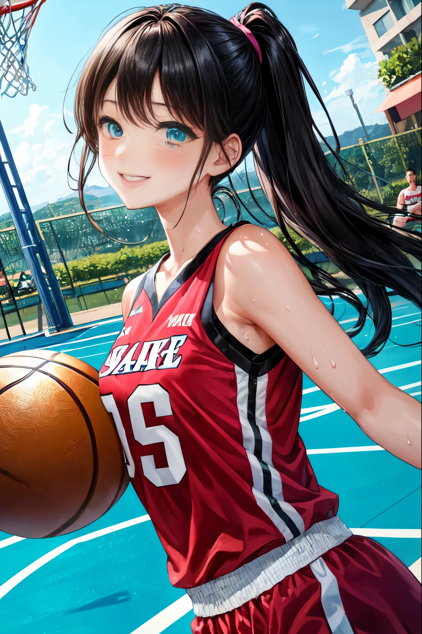 ((masterpiece)),dynamic angle,upper body,(girl playing street basketball),(Gymnastics),gleaming skin,sweat
BREAK
( A dark-haired),long hair,aqua eyes,15 years old,smile,basketball court with sea view