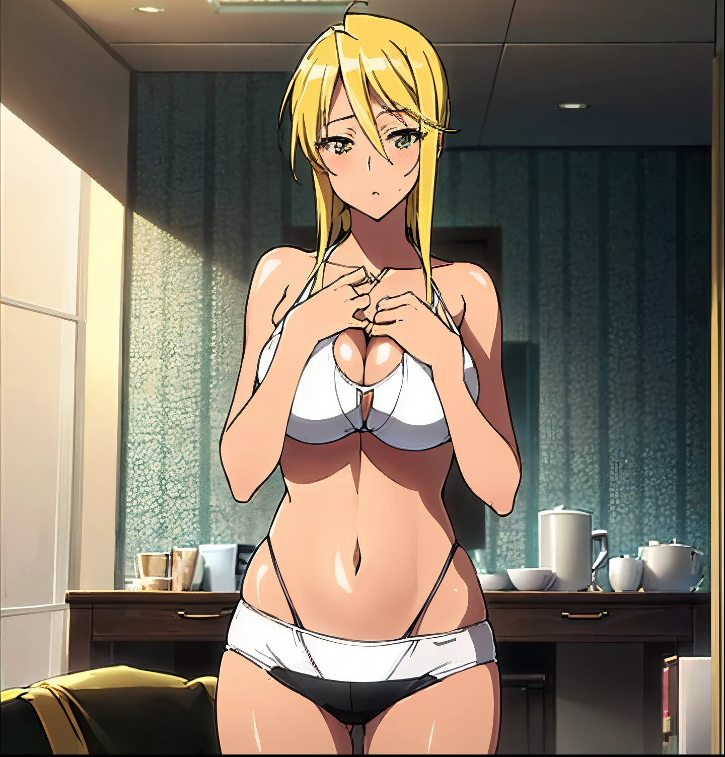 masterpiece, best quality, best aesthetic, ultra detailed, 
marikawa shizuka, 1girl, solo, blonde hair, (white bikini top, string bikini:1.2), cleavage, (black shorts, short shorts:1.2), (wide hips:1.2), (large breasts:1.2), (groin:1.2), (midriff:1.2), hand on chest, living room, indoors, cowboy shot, standing, looking at viewer,