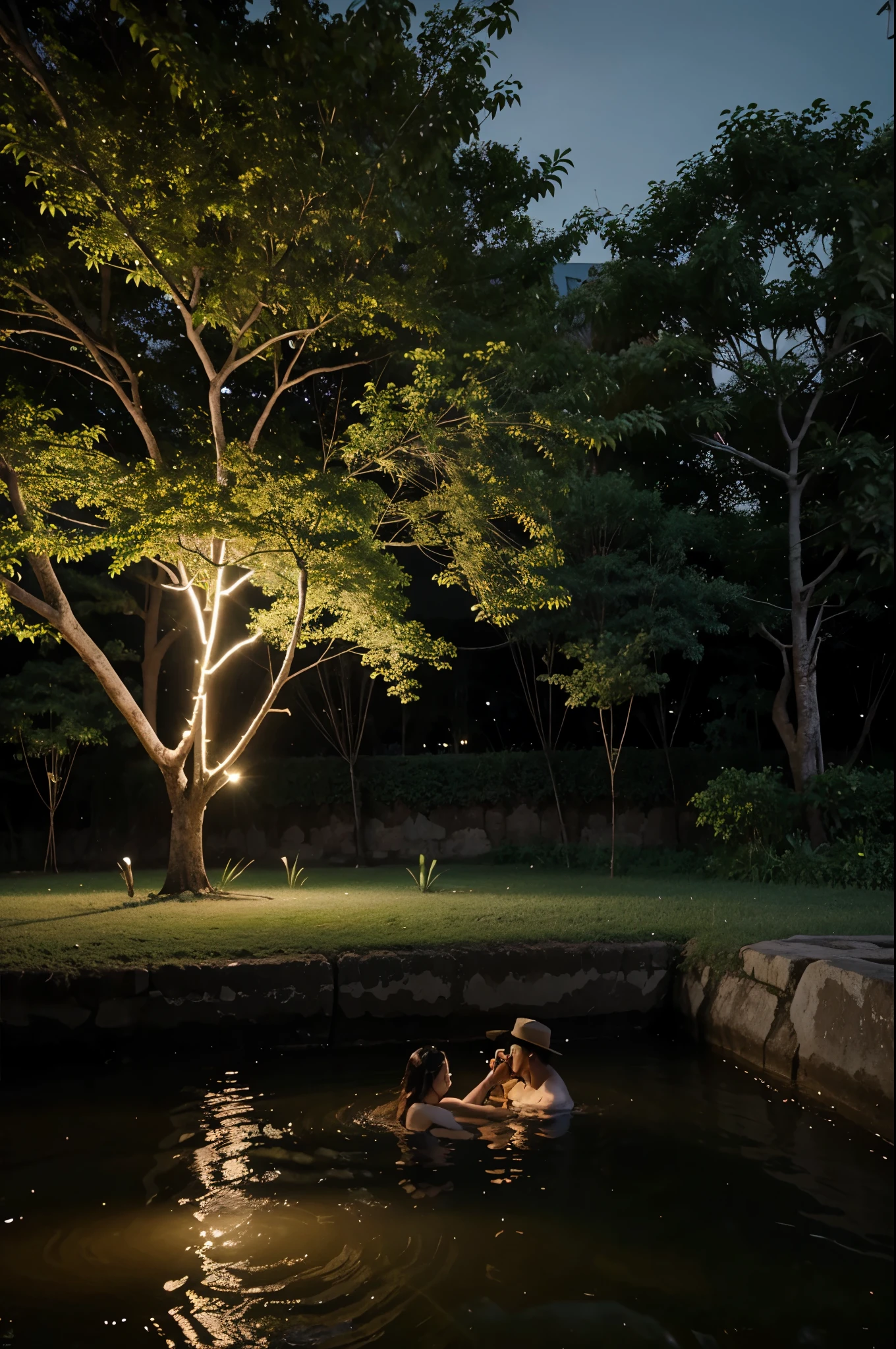 Young Siam couple mating near to a tree next to a river volumetric realistic in the evening