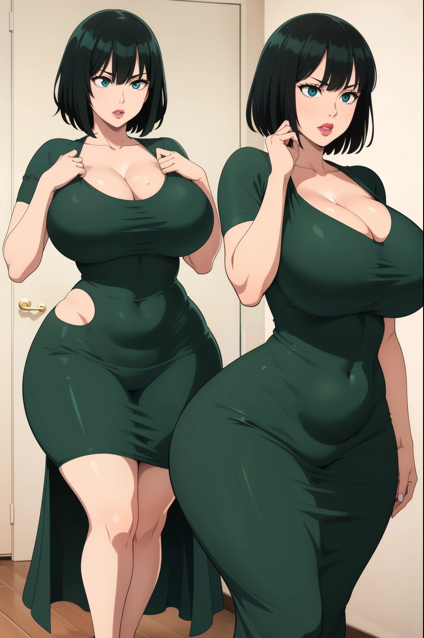 Fubuki, 1girl, ((bimbo))), short green hair, blue eyes, puffy lips, painted lips, thick lips, wide hips, thick thighs, huge ass, bimbo face , enormous huge natural breasts, cleavage, green dress, , panties,